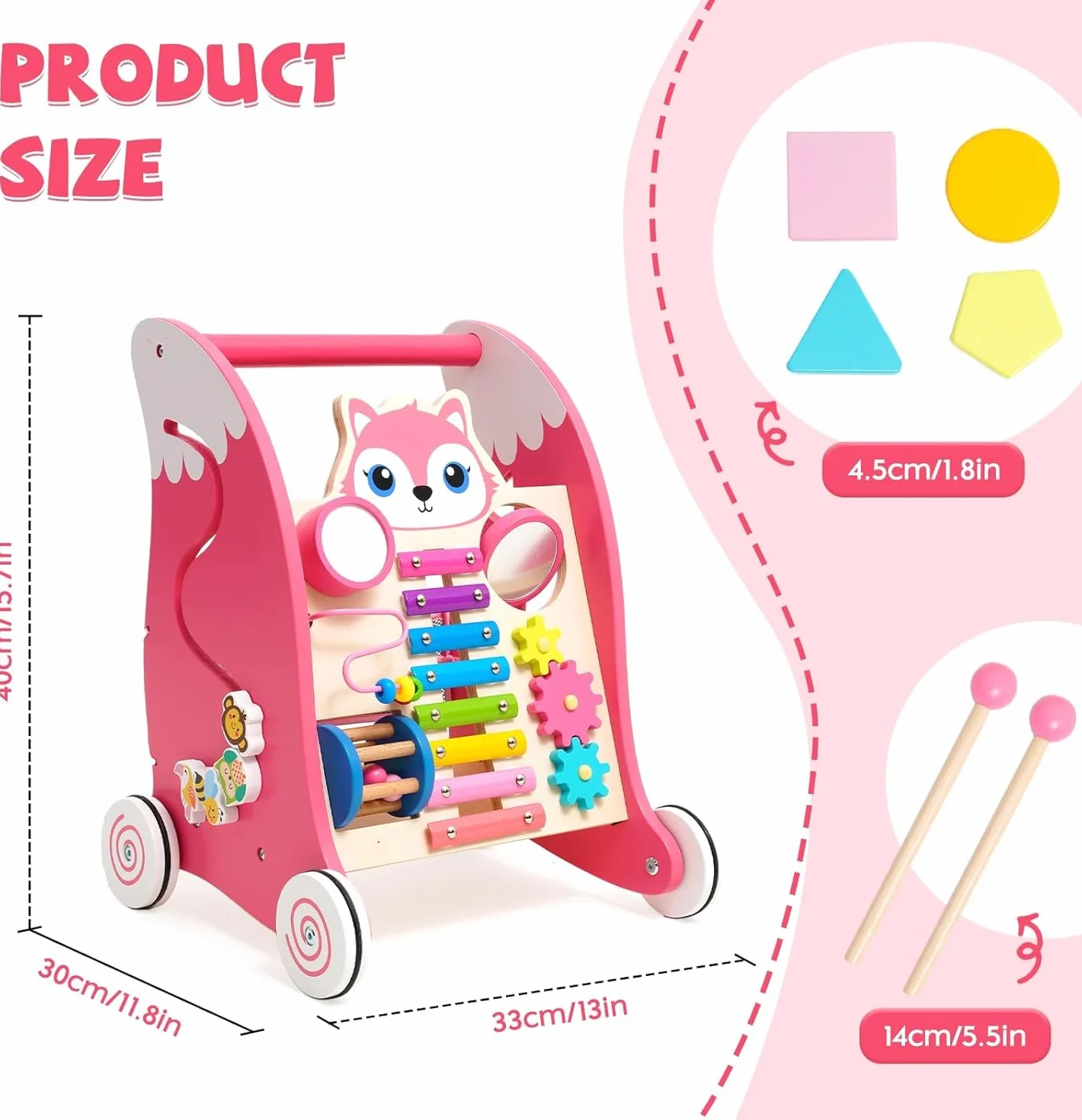 Chariot de Marche Bébé avec Xylophone, Instruments de Musique et Jeu d'Association de Formes, Trotteur Bébé Fille, Jouet Montessori Centre d'Activités Multifonctionnel pour Bébés de 6 Mois et Plus, Rose