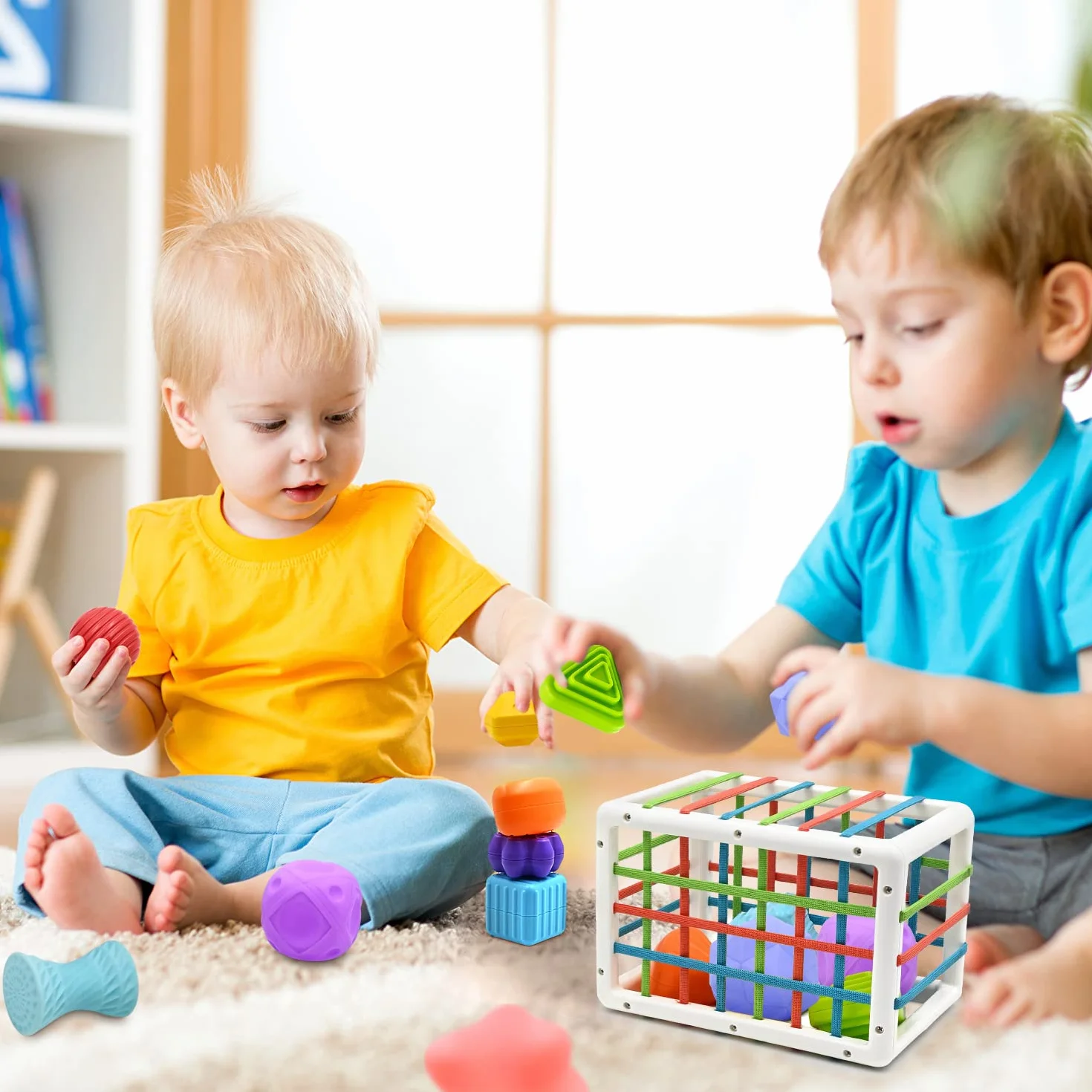 Jouet Montessori Sensoriel Bébé 12-18 Mois, Trieur de Formes avec Boules Texturées, Cube d'Activité de Développement