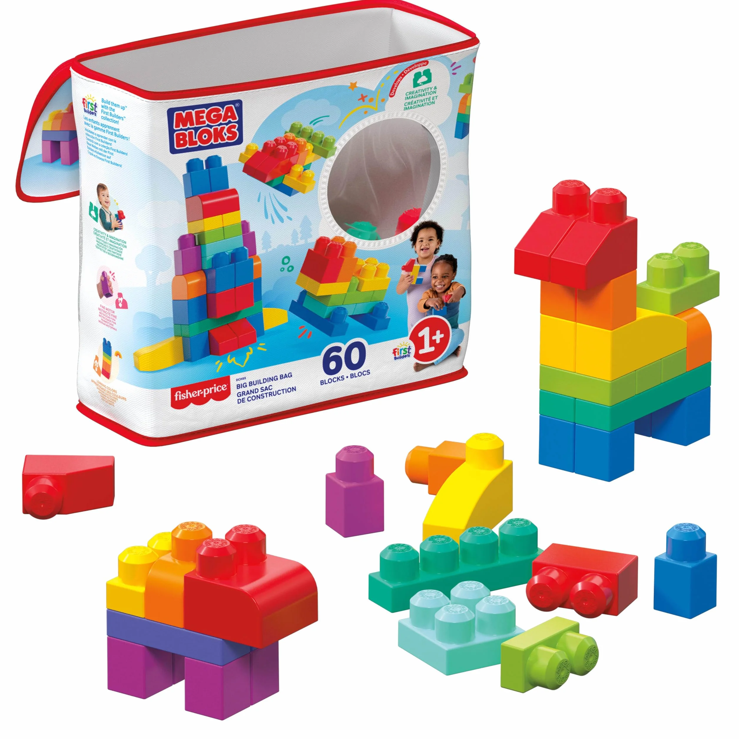 MEGA Bloks Grand Sac De Construction Bleu 60 Blocs Empilables Jouet Enfant 1+ Ans DCH55