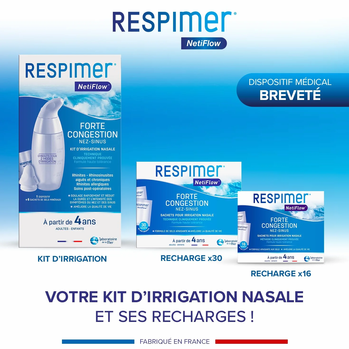 RESPIMER NetiFlow 16 Sachets Sels Minéraux Lavage Nez Recharge Irrigation Nasale Rhinites Rhinosinusites