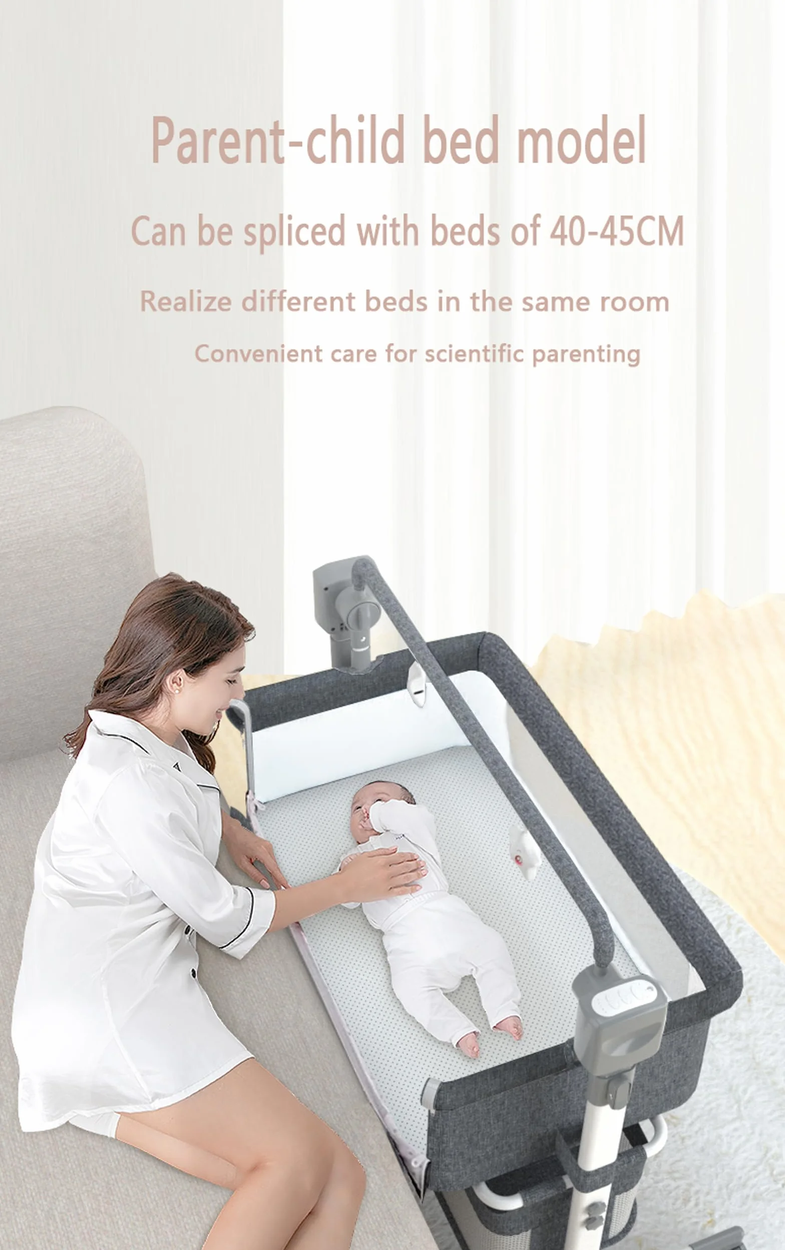 Lit Cododo Bébé Électrique Bluetooth Intelligent Convertible avec Télécommande, Musique et Balancement 5 Vitesses, Pliable avec Matelas (601 Beige)