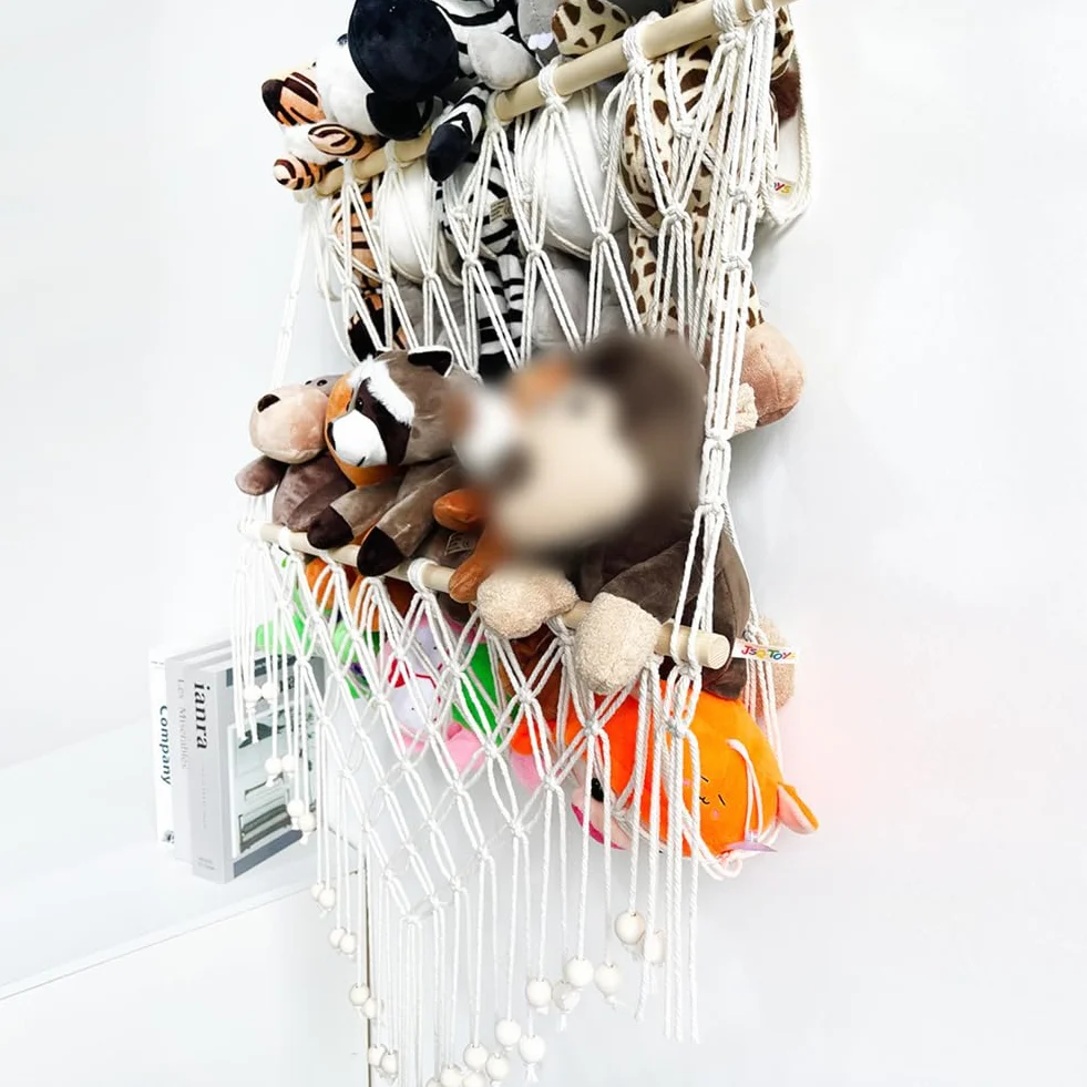 Hamac de Rangement pour Jouets Tissée à la Main en Corde de Coton à Suspendre Support de Rangement Peluche