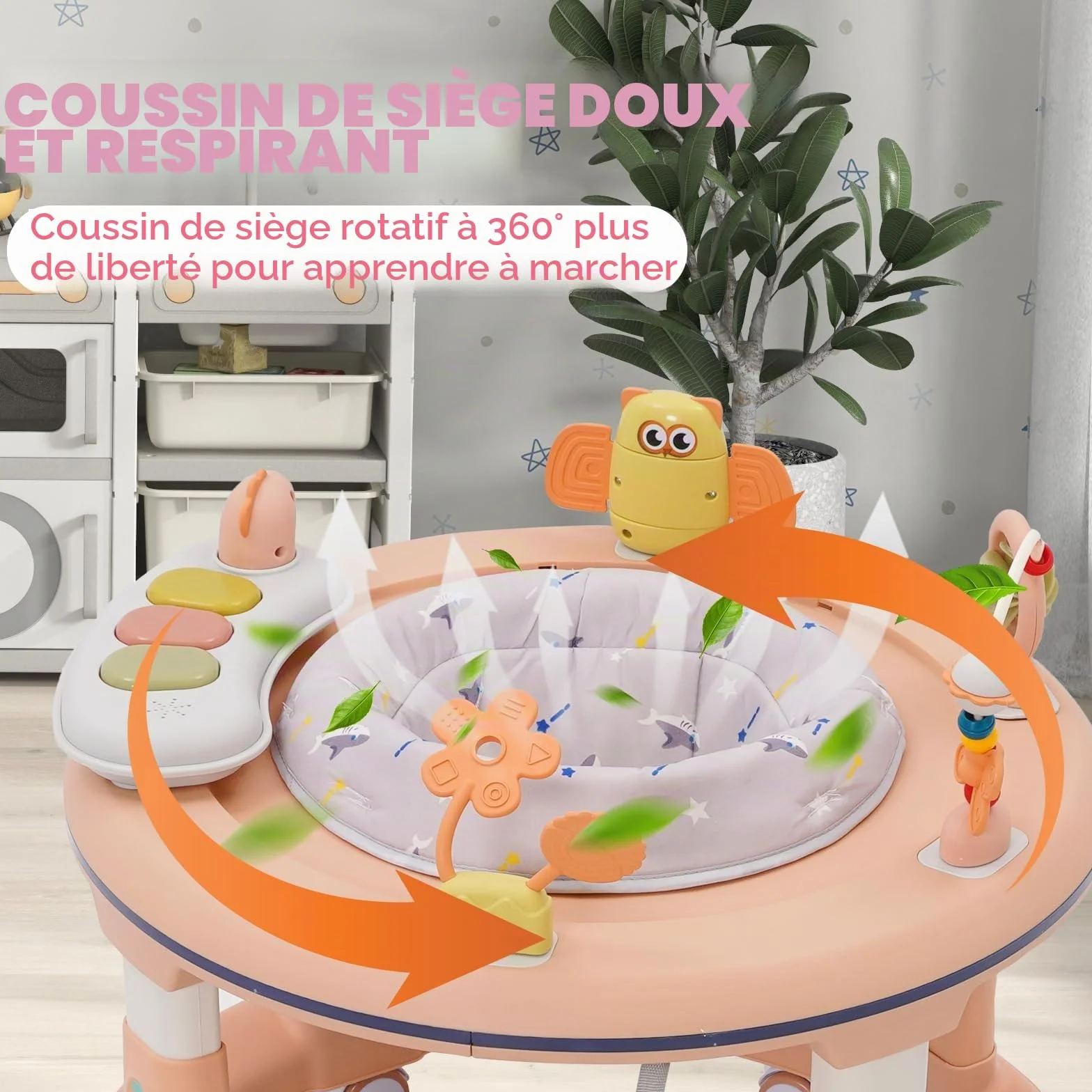 Bébé Trotteur 3 en 1 Marcheur Table d'étude Sauteur Réglage Hauteur 5 Niveaux Anti-O-Legs Roues Silencieuses 360° Rose