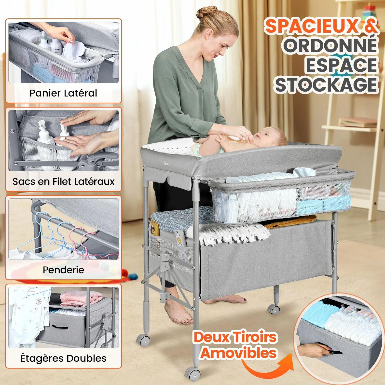 Table à Langer Bébé Pliable avec Tiroir et Veilleuse, Hauteur Réglable, Gris
