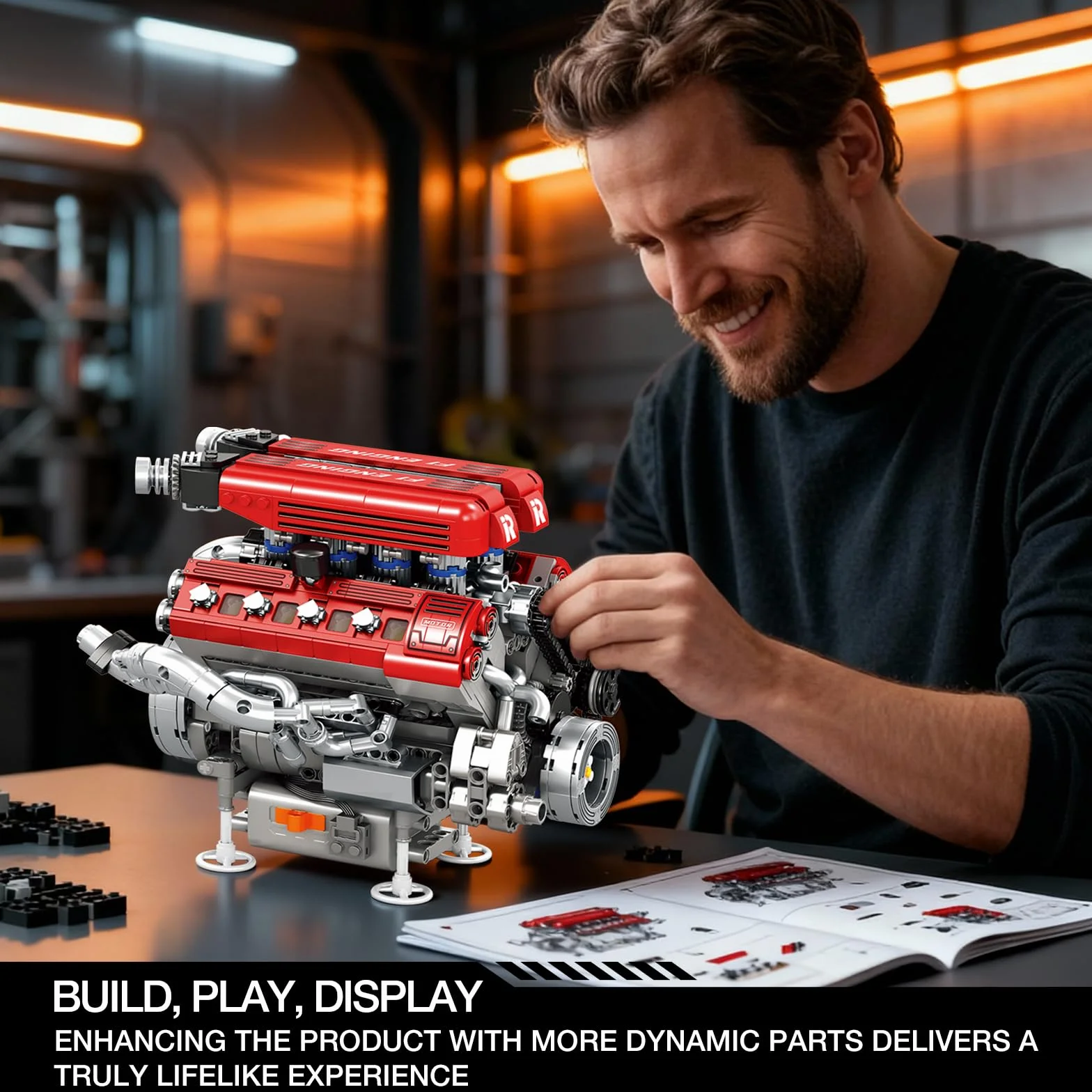 Reobrix 33015 Maquette Moteur V8 pour Adultes, Kit de Construction Mécanique 1101 Pièces avec Mouvement Réaliste des Pistons