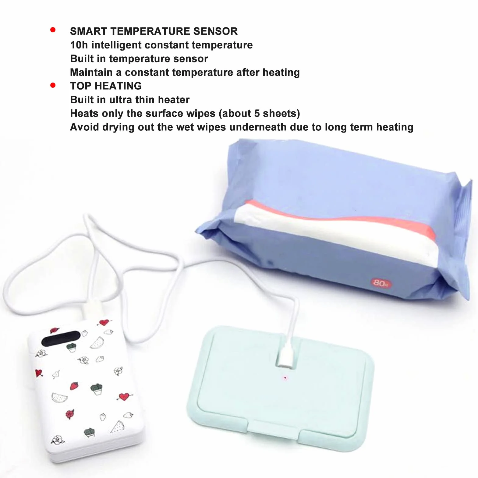 Chauffe-Lingettes pour bébé Portable, Chauffage Uniforme, Température Constante, USB, Bleu Clair