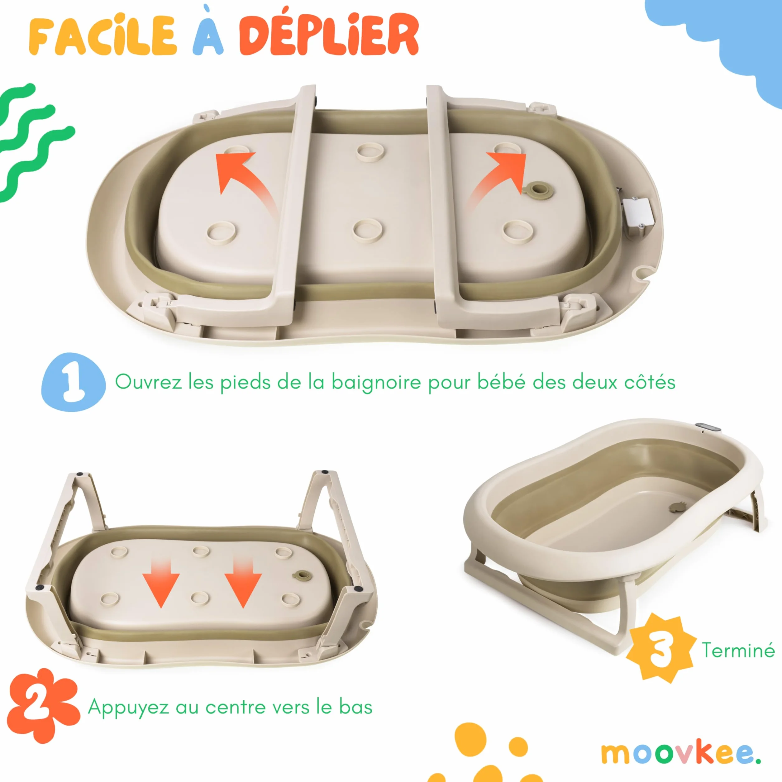 Baignoire bébé pliable 80 cm avec thermomètre et siège de bain antidérapante 0-36 mois