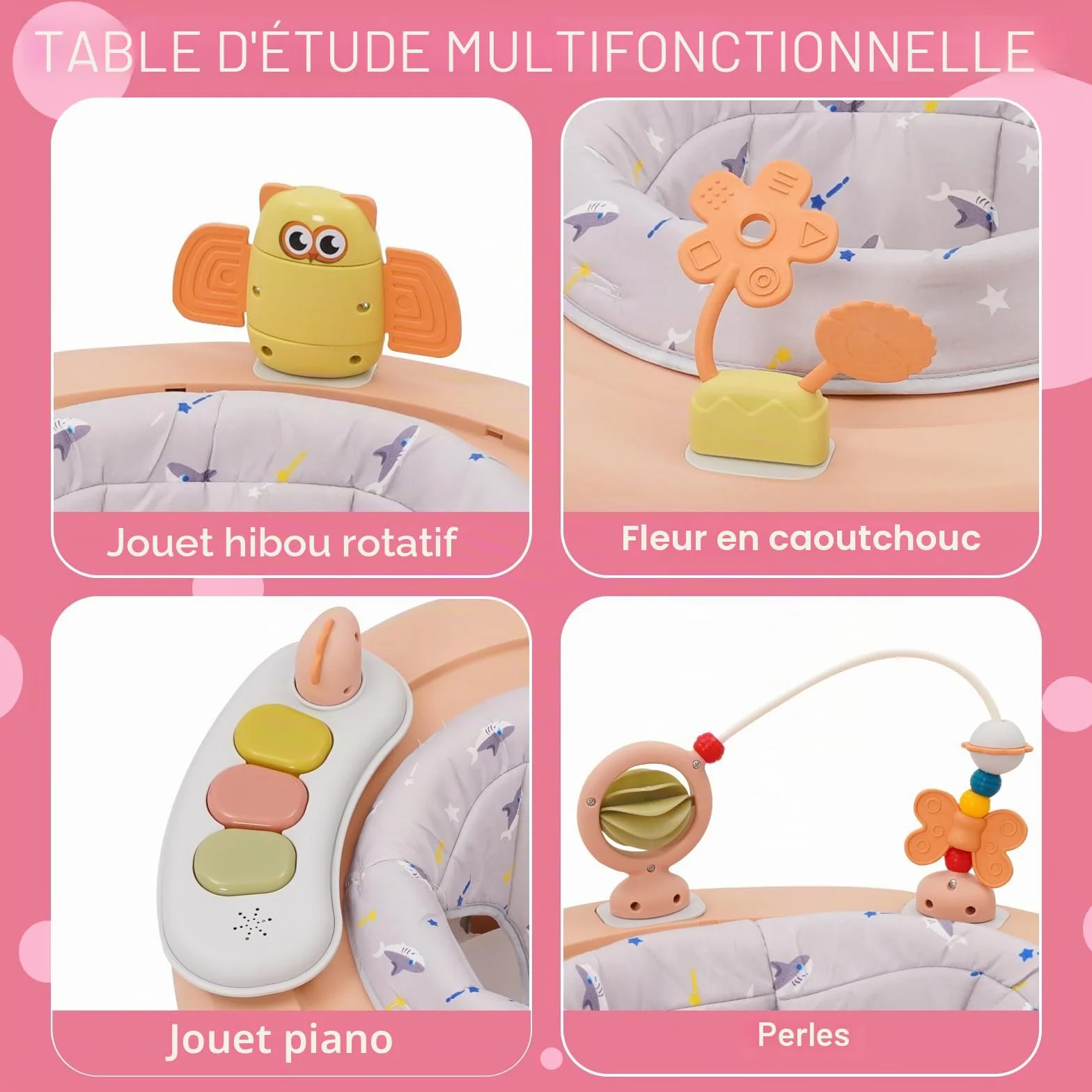 Bébé Trotteur 3 en 1 Marcheur Table d'étude Sauteur Réglage Hauteur 5 Niveaux Anti-O-Legs Roues Silencieuses 360° Rose