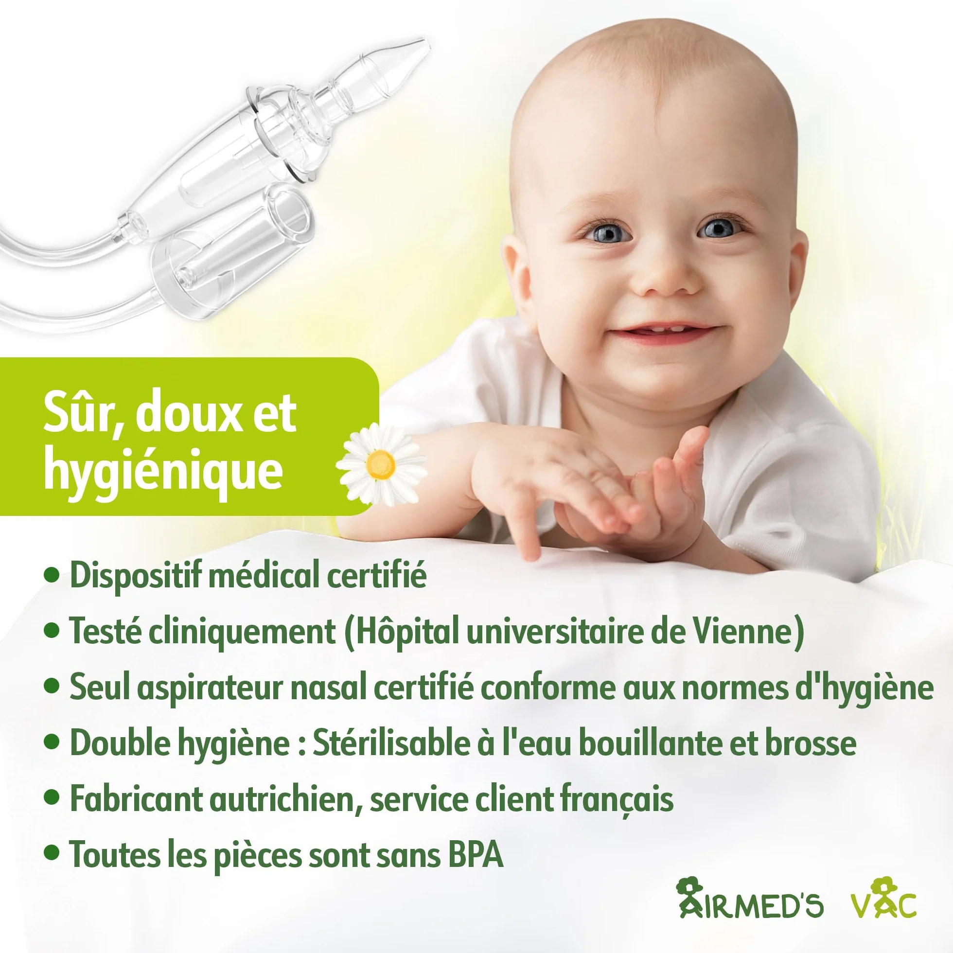 Airmed's Aspirateur Nasal Bébé - Testé Cliniquement, Sûr et Doux - Nez Dégagé en 3 Secondes - 2 Embouts + Brosse