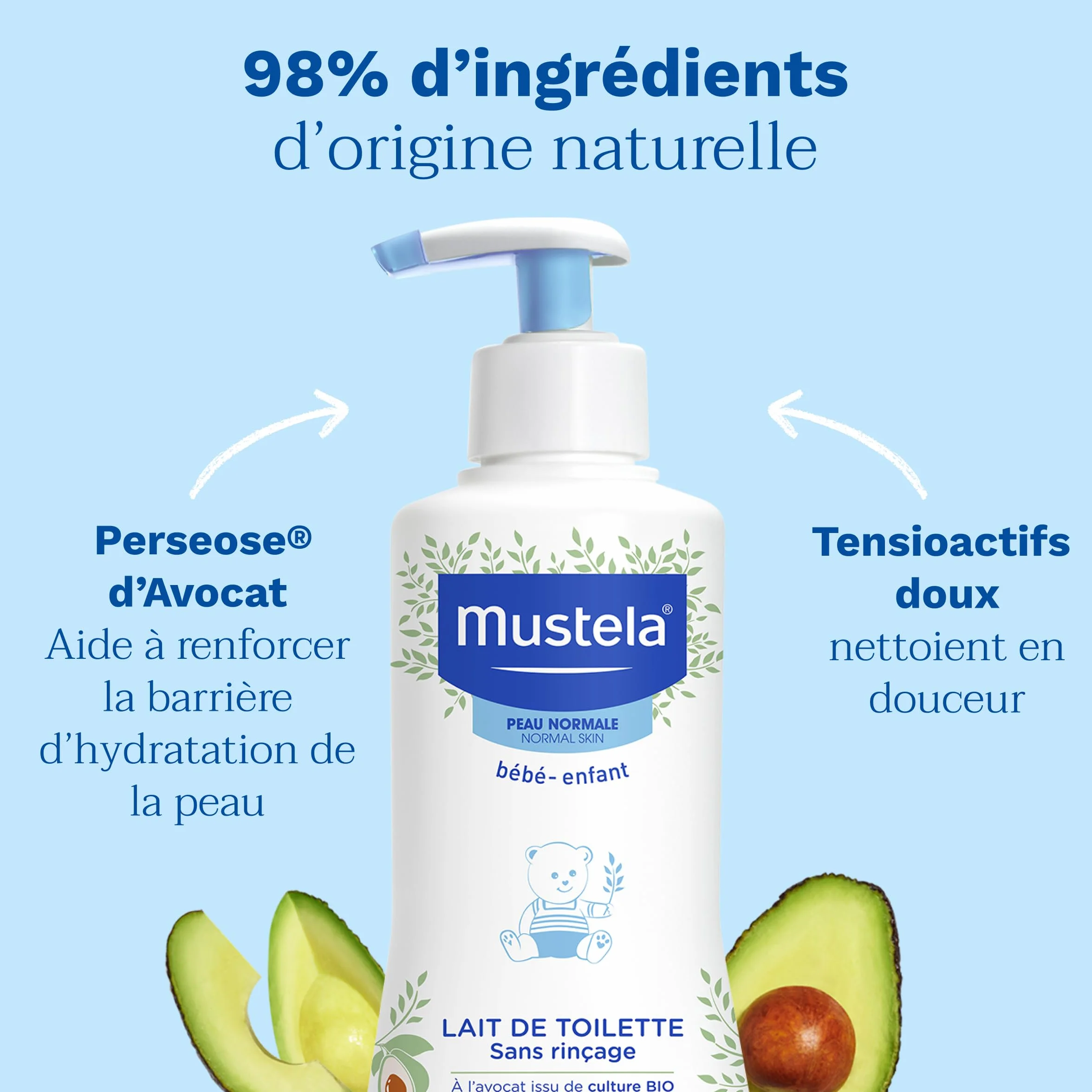 Mustela Lait de Toilette Bébé Sans Rinçage Soin Nettoyant Hydratation 98% Ingrédients Naturels Haute Tolérance Hygiène Bébé Visage Siège Peau Normale