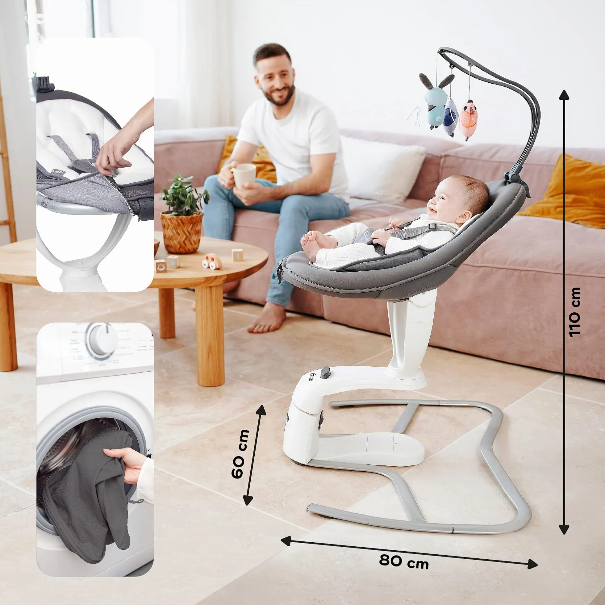 Babymoov Swoon Motion Zinc Balancelle électrique bébé 360° rotative 5 vitesses balancement réducteur nouveau-né arche jeux 8 berceuses