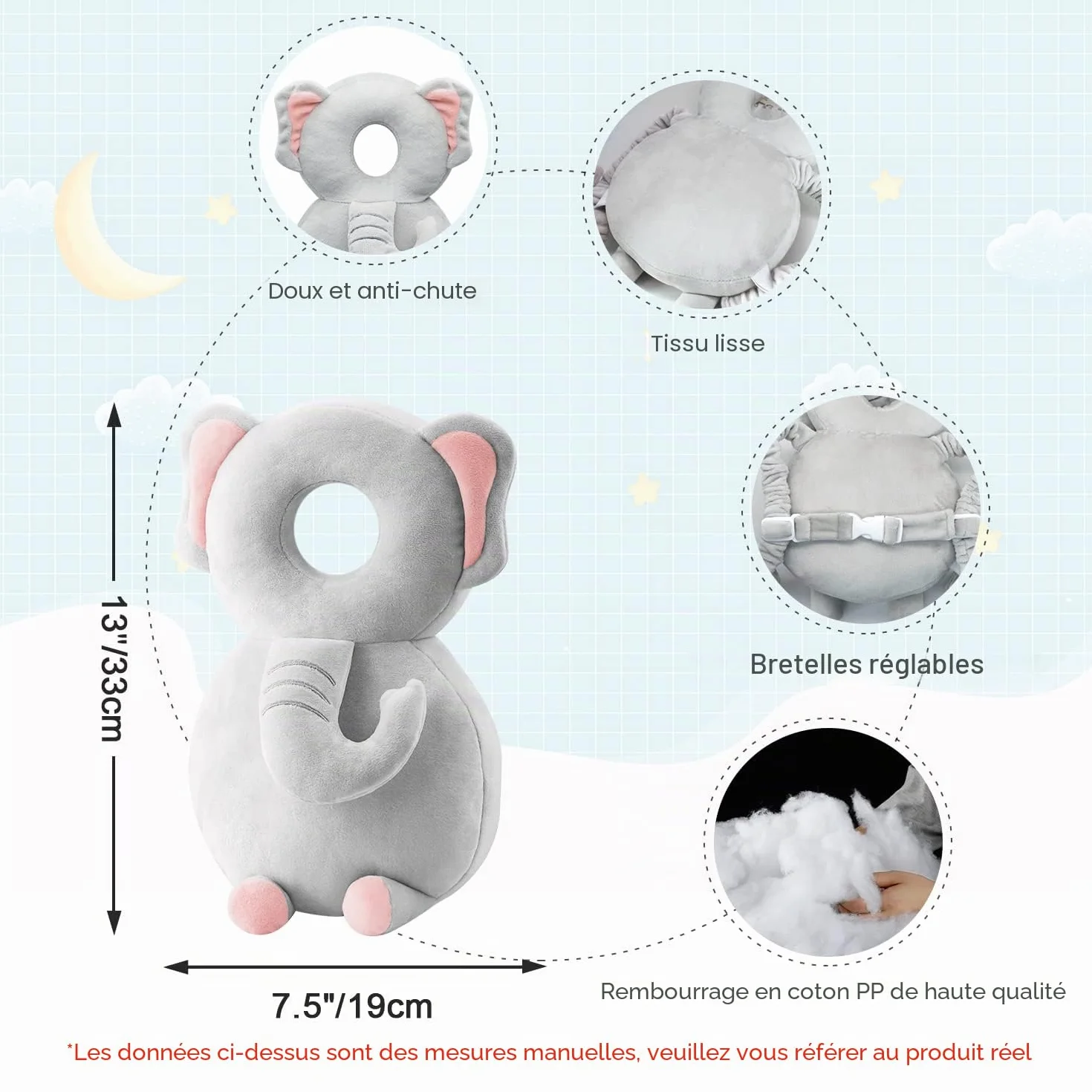 Coussinets de Protection de la Tête pour Bébé, Doux Respirant Réglable, Éléphant, 4-24 Mois