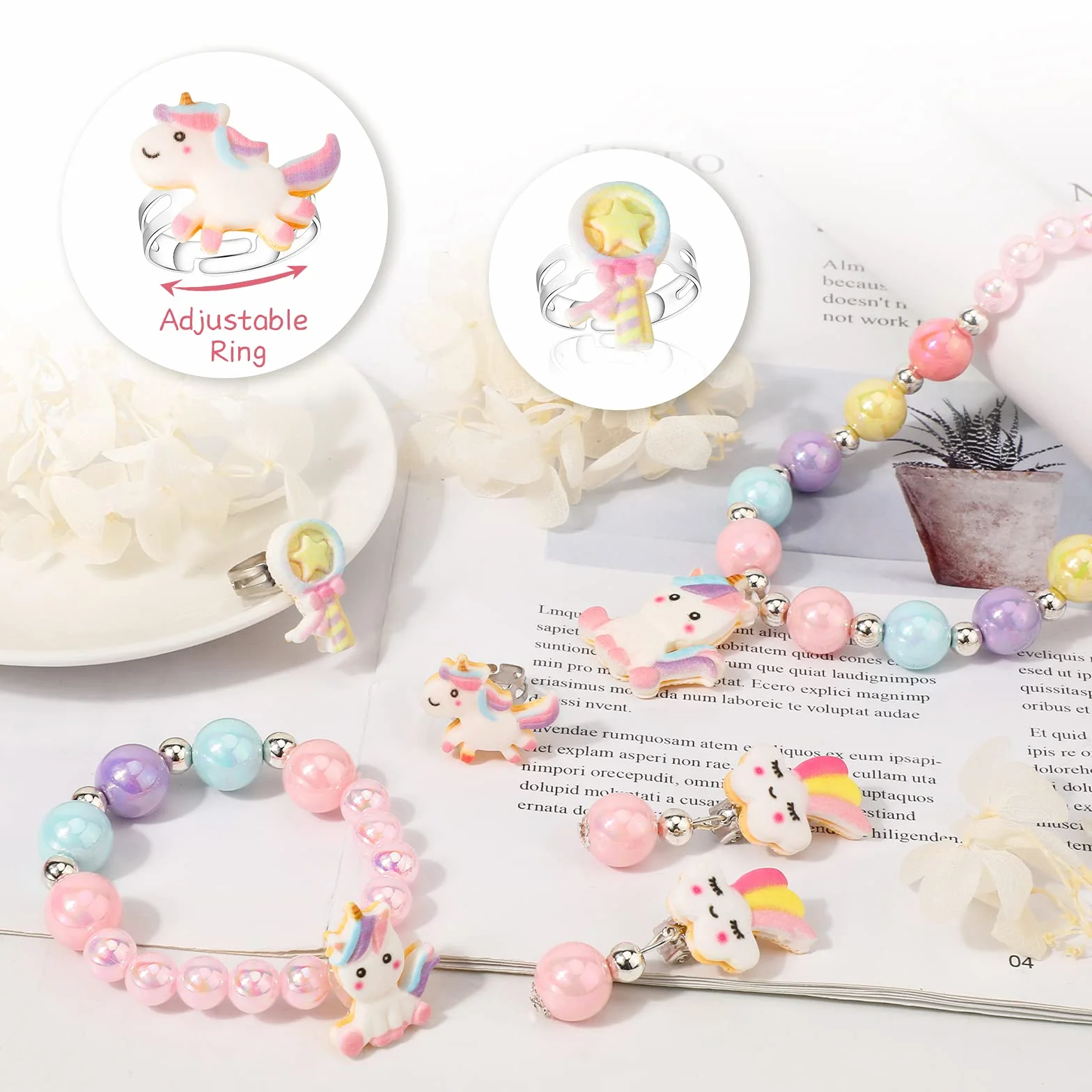 Hifot Licorne Sac à Main Bijoux Enfants Fille, Unicorn Collier Bracelet Boucle d'Oreille Bagues Kit Cadeau Anniversaire