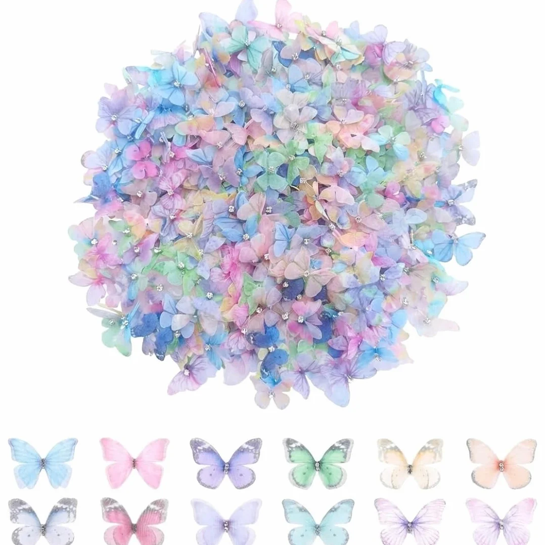 50 Pièces Papillons en Tissu Organza et Chiffon Translucide DIY Scrapbooking Stickers Muraux