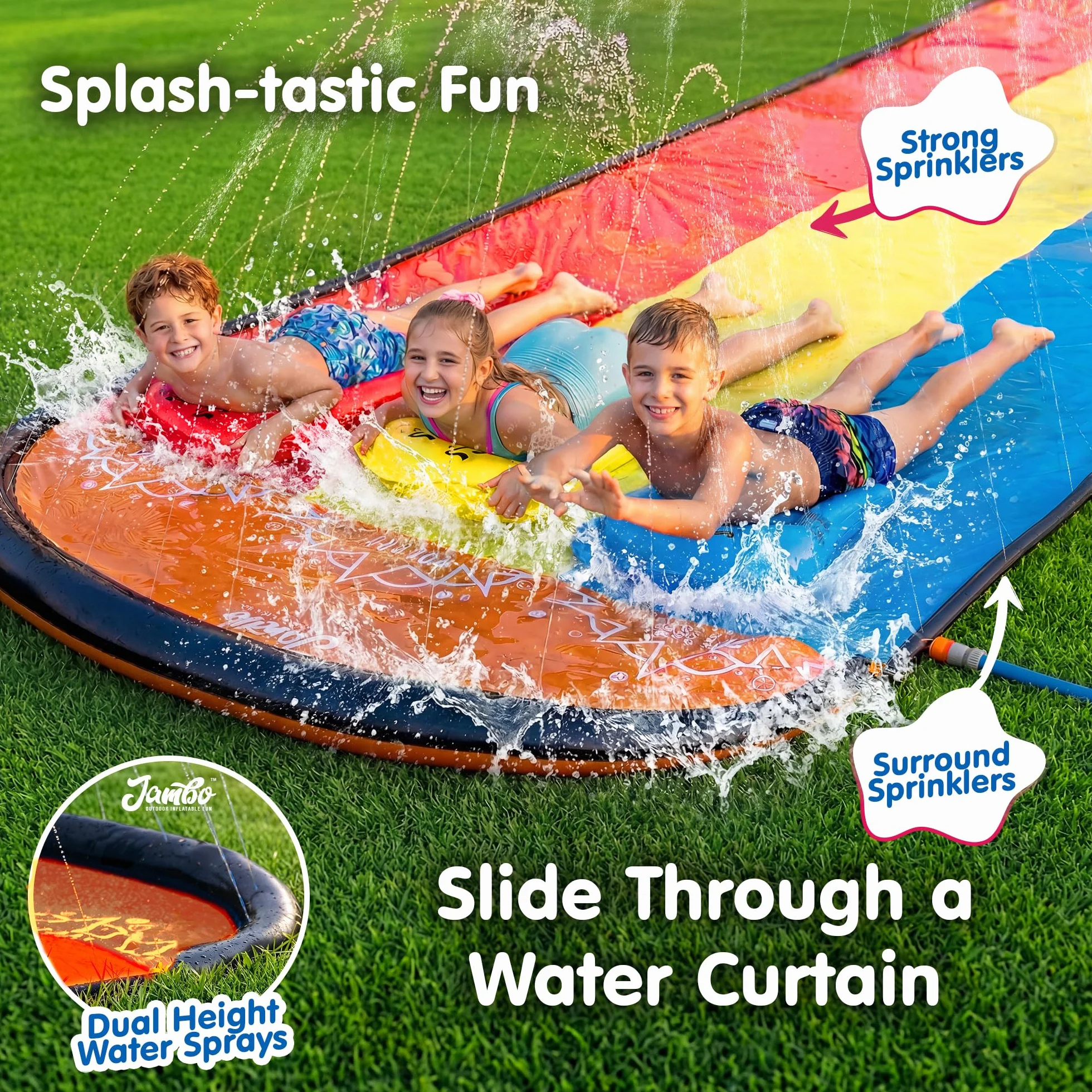 JAMBO Ventriglisse Toboggan Aquatique 610 cm Tapis de Glisse Eau Enfant Triple Piste avec 3 Bodyboards