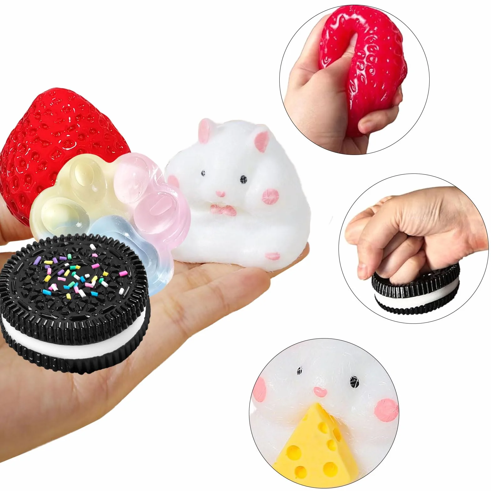 Taba Squishy Set 4Pcs Fraise Hamster Chat Paw Fufu Squishy Toy Stress Relief Sensory Play Fidget Gift for Kids Adults