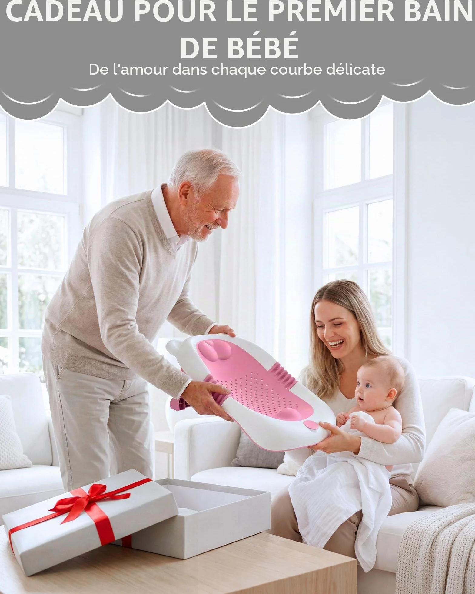 Baignoire pliable pour bébé avec support, siège de bain nouveau-nés, ventouses antidérapantes 0-6 mois