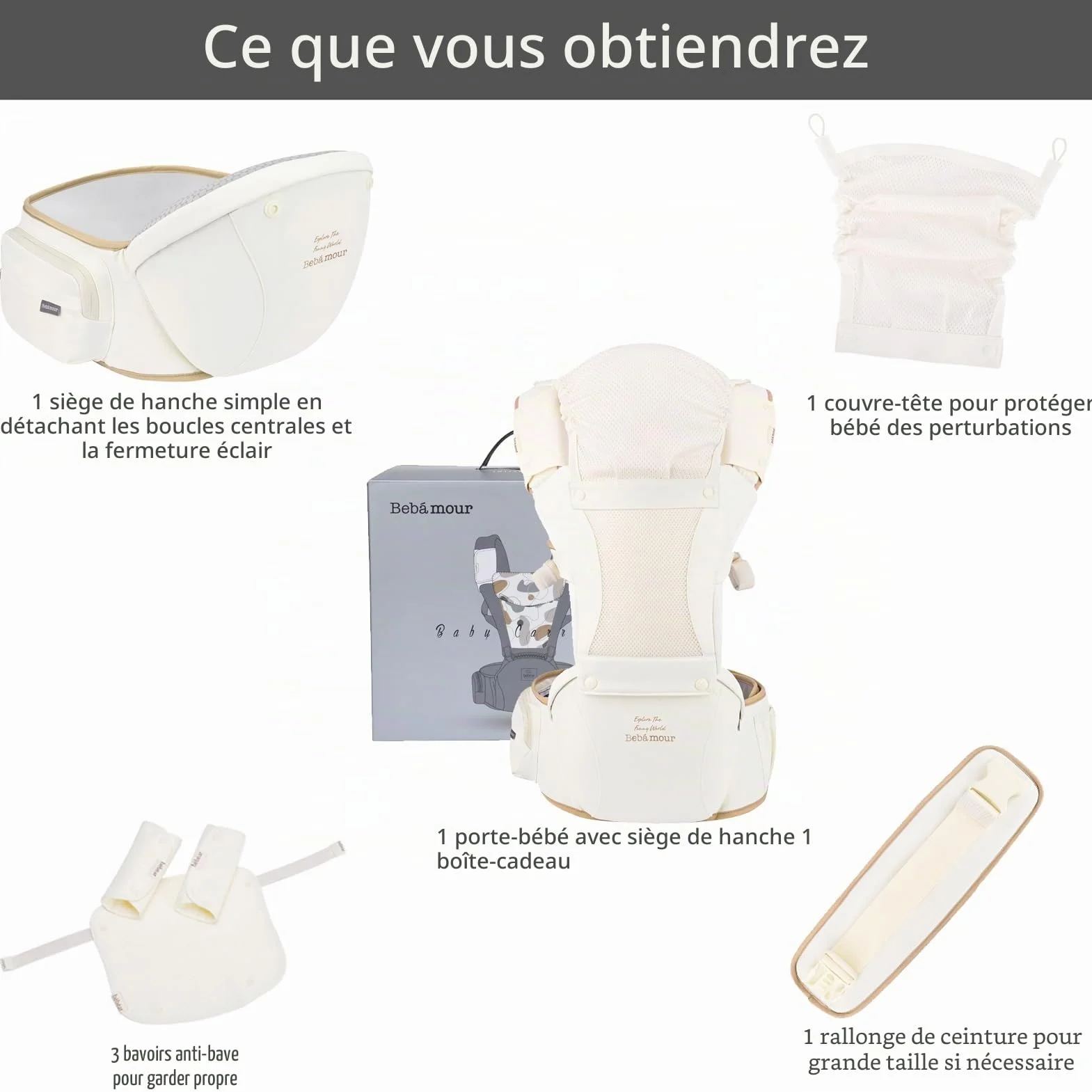 Bebamour Porte-bébé Hipseat 0-36 mois avec capuche et accessoires Beige