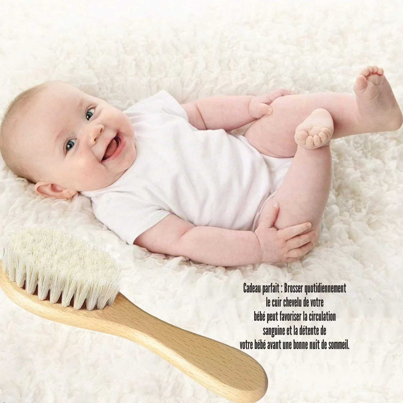 Brosse cheveux bébé en bois poils de chèvre doux pour nouveau-né garçons filles vert
