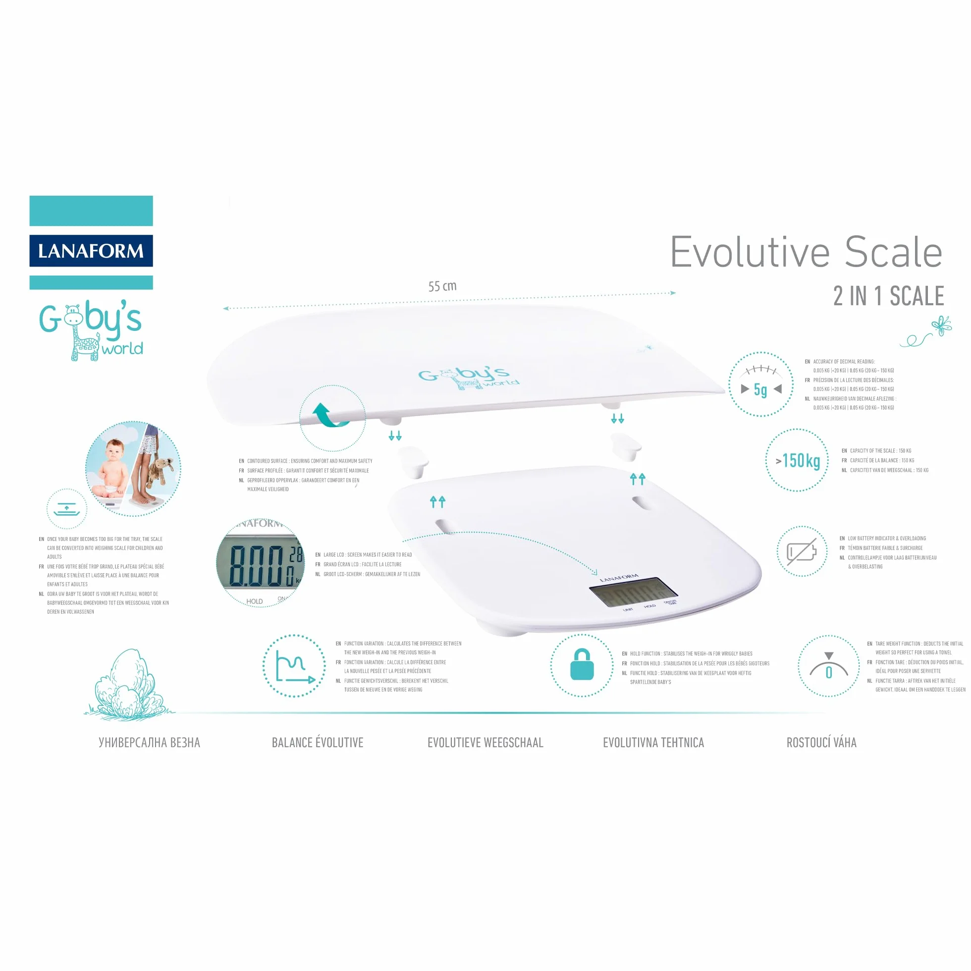 LANAFORM Pèse Bébé Évolutif Balance Pour Bébé Et Adulte 150 Kg Plateau Amovible