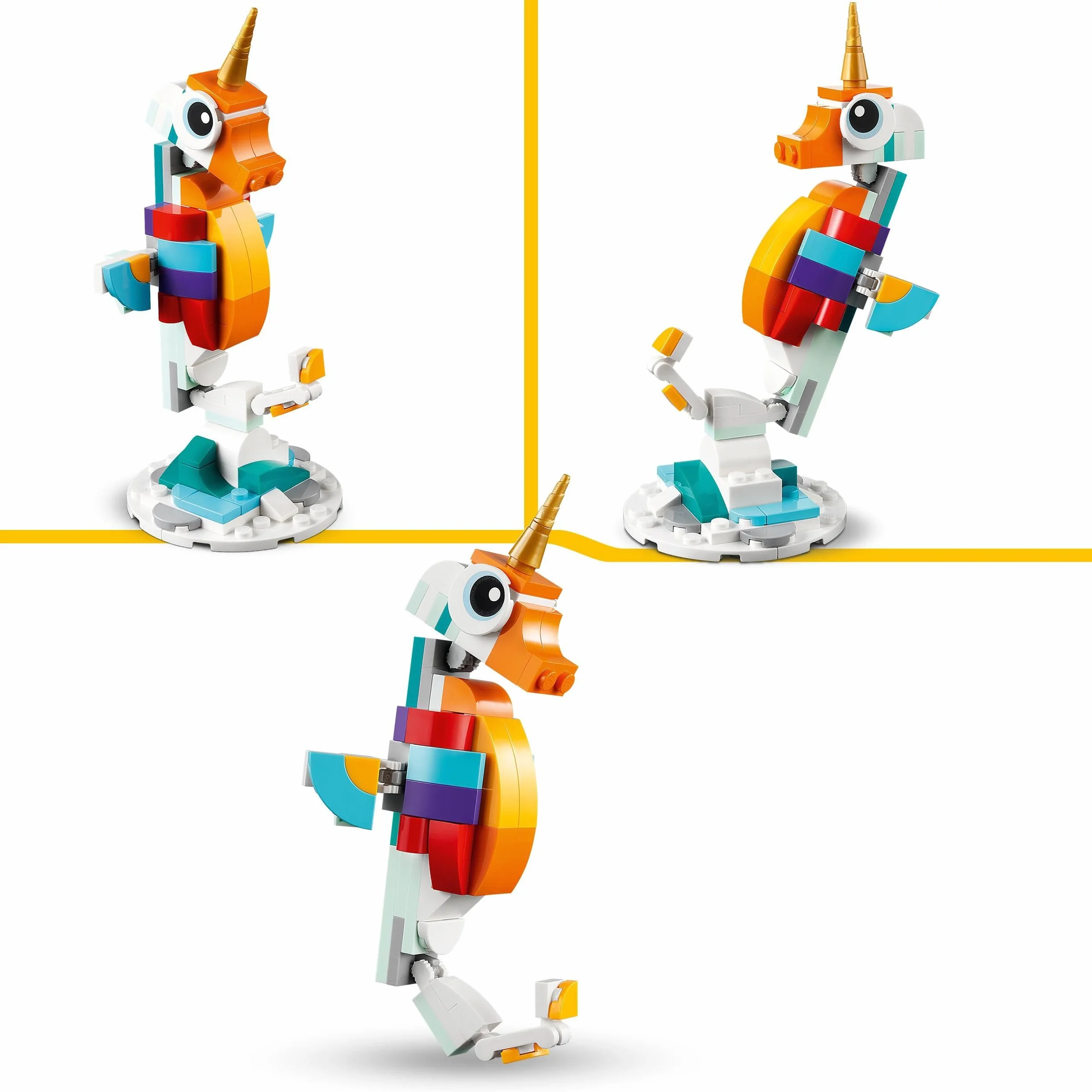 LEGO Creator 3-en-1 La Licorne Magique 31140 Jouet de Construction Figurine Animal Transformable Hippocampe Paon Cadeau 7 Ans