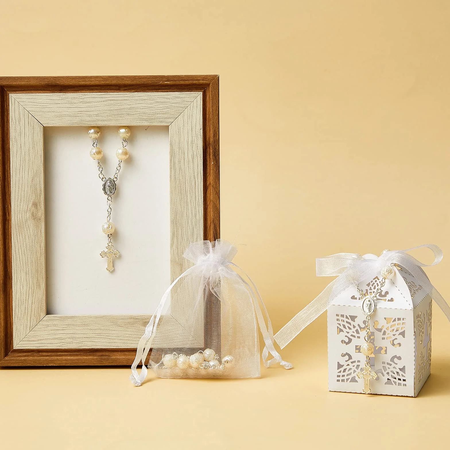 50 Paquets 150 Pièces Cadeau Bapteme Communion Mariage 50 Mini Chapelet Catholique Sacs Organza Boîte Dragées
