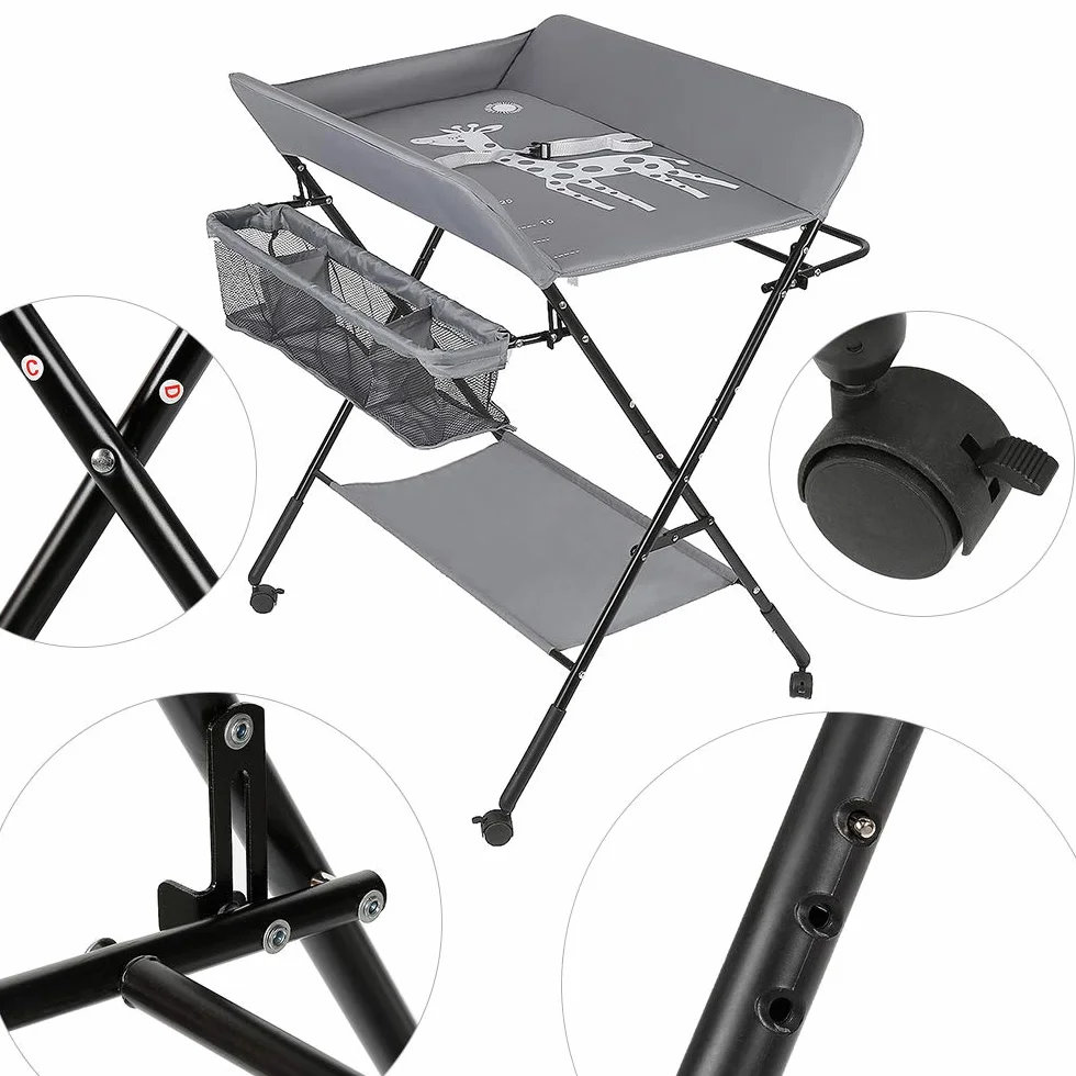 Table à langer pliante bébé avec panier rangement ceinture sécurité 4 roues frein réglable hauteur