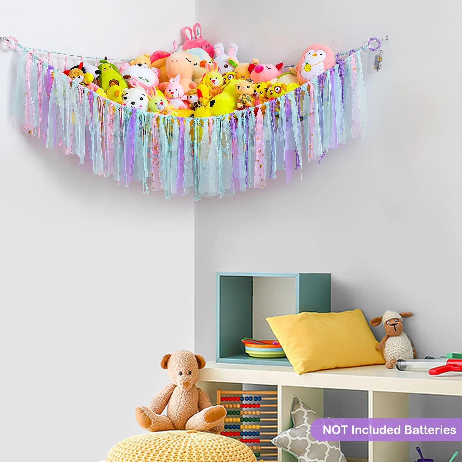 Hamac pour jouets en peluche - Filet de rangement suspendu avec lumière LED - Organiseur en macramé tissé à la main