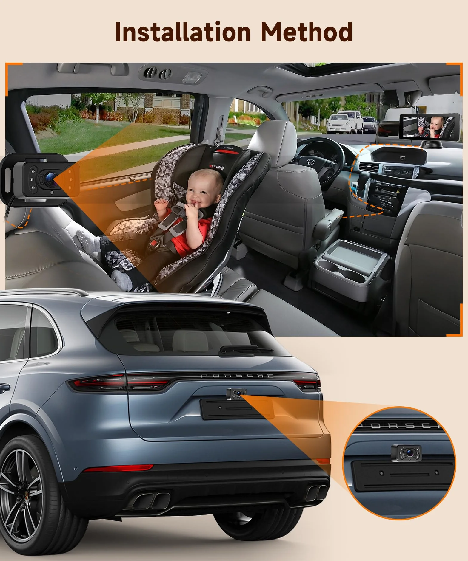 VECHTEL Moniteur Auto 6,86" IPS Double Caméra 720P Rotative 360° IP69 Étanche Vision Nocturne Grand Angle 12V