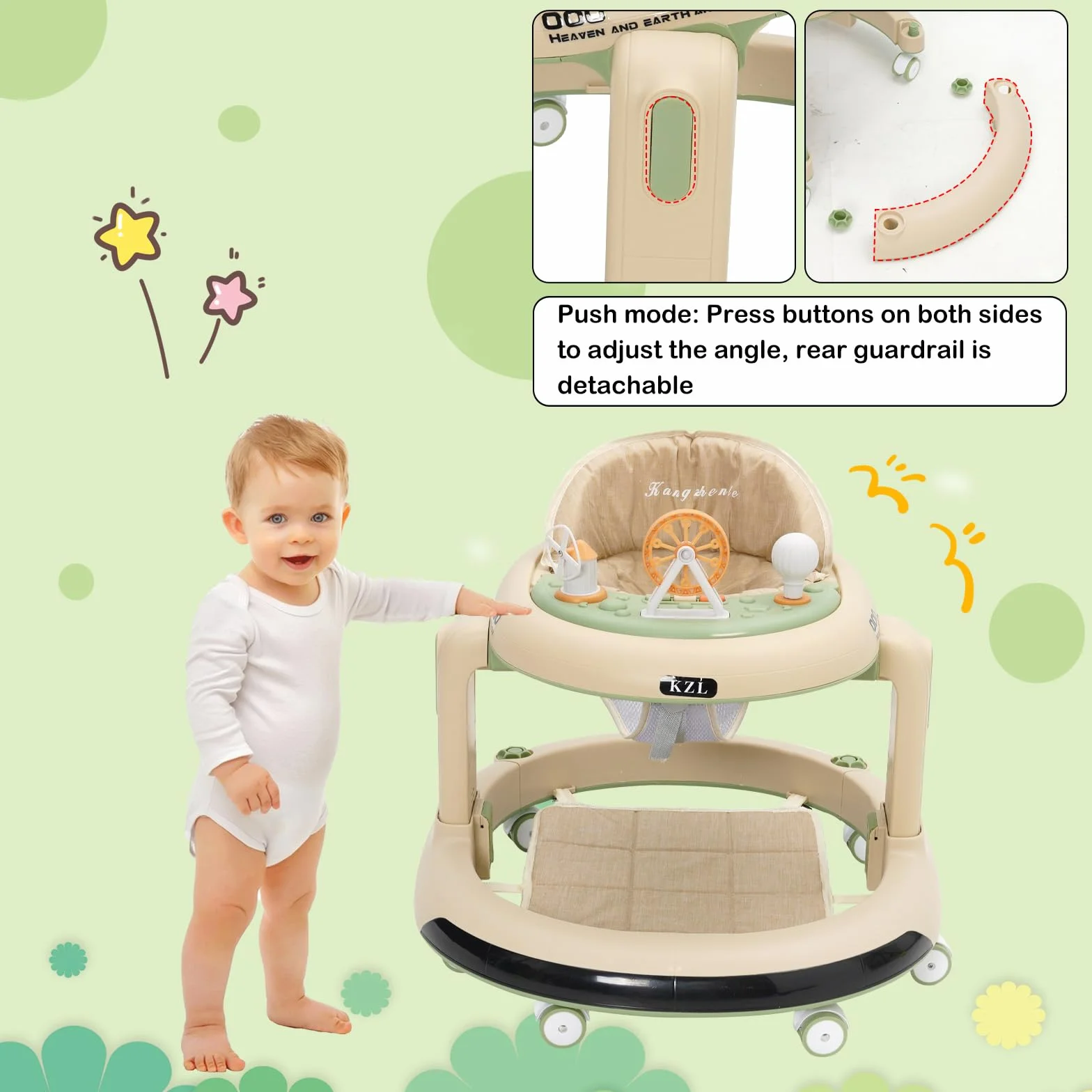 Trotteur Bébé 3 en 1 Babywalker avec 6 Hauteurs Réglables, Roues Silencieuses 360°, Plateau Repas et Musical Amovible, Vert