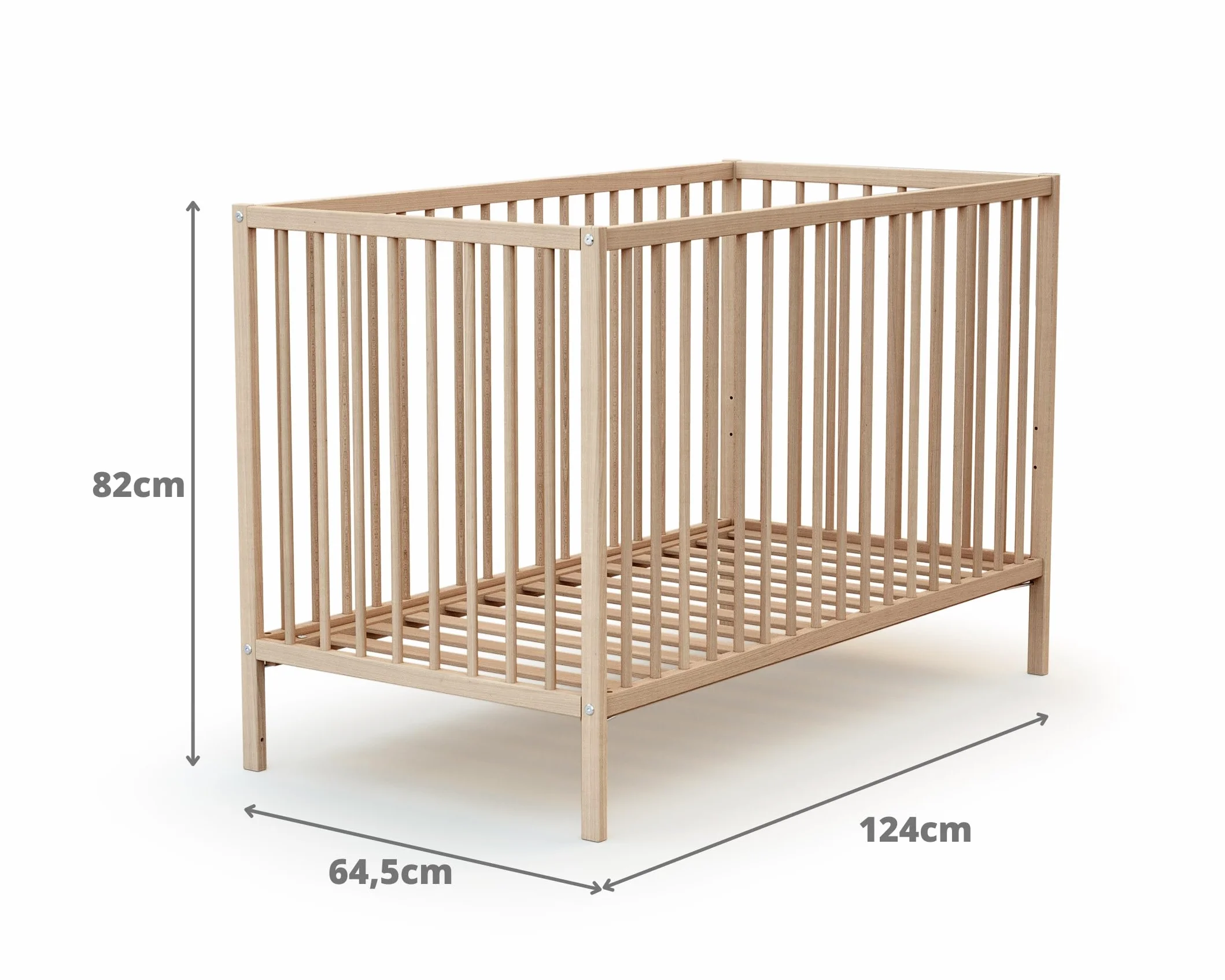 Lit bébé 60x120cm Hêtre Brut Bois massif Sommier réglable 3 hauteurs