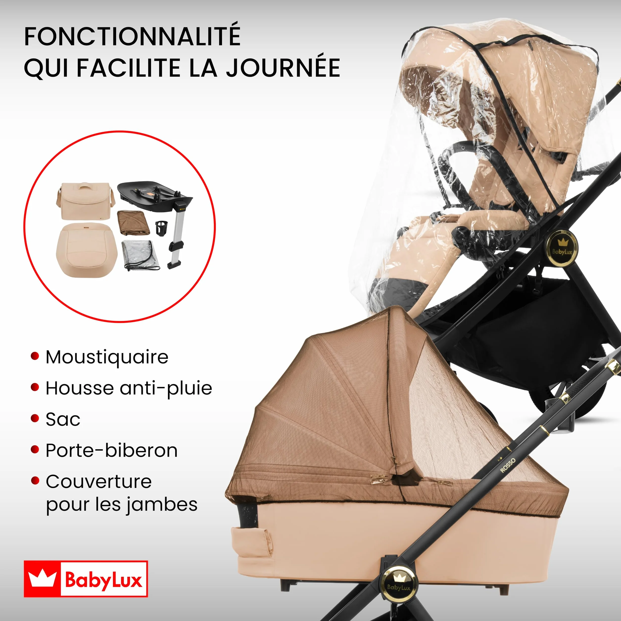 BabyLux Poussette 3en1 Set Rosse, Pliable Léger Poussettes Combinées Baignoire Bébé, Buggy Siège Sport, Coque Bébé I-Size, 4 Positions Couchage, 0-22kg