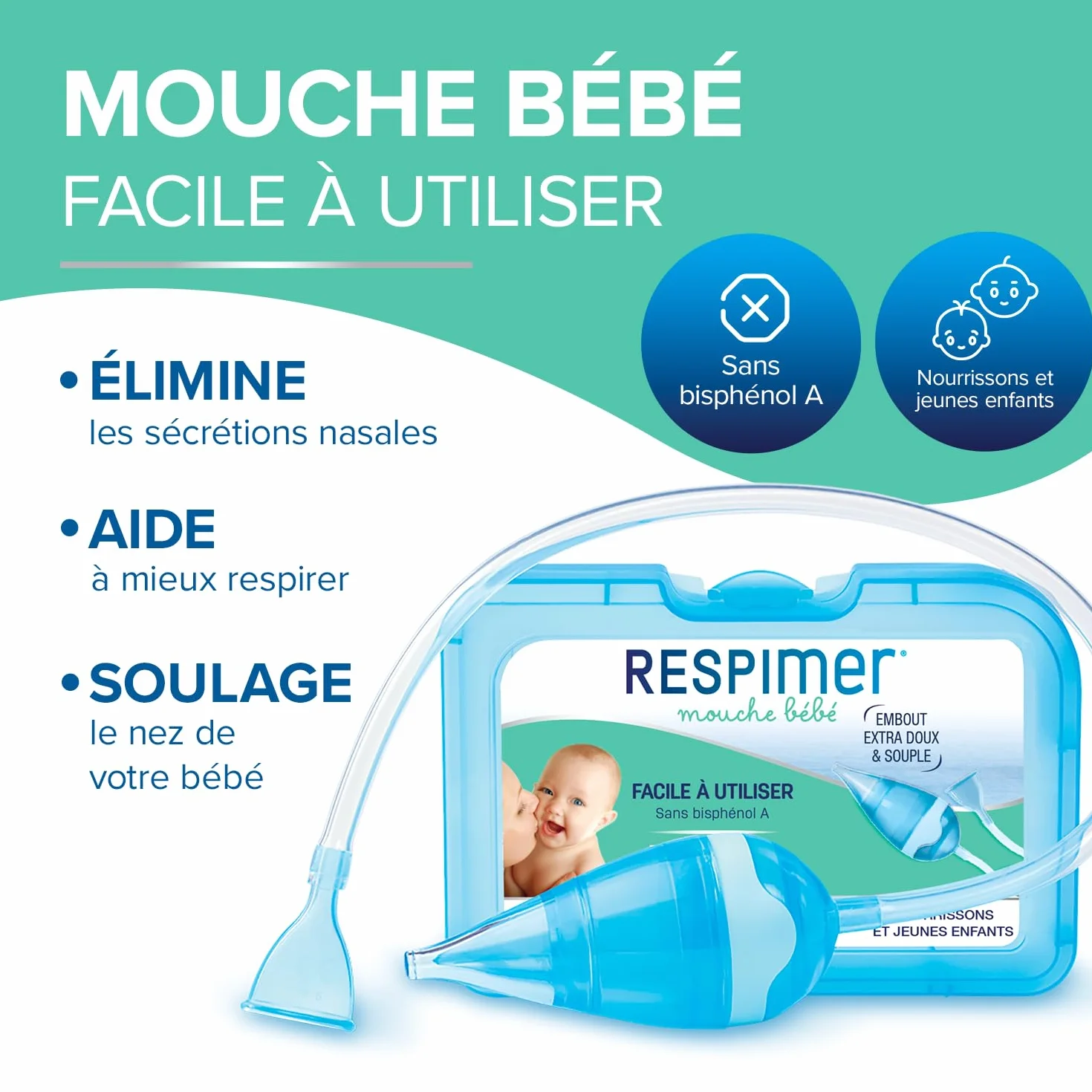 RESPIMER Mouche Bébé - Evacuer l'excès de mucus - Rhume & Rhynopharyngite - Nourrissons et jeunes enfants - Sans Bisphénol A - 5 Filtres jetables hygiéniques - Fabriqué en France