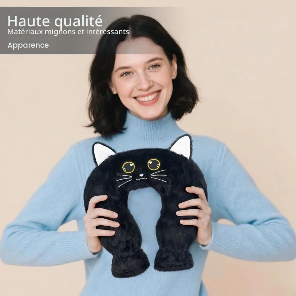 Bouillotte Eau Chaude 1 L avec Housse Douce, Coussin Chauffant Cervical et Épaule Chat Noir