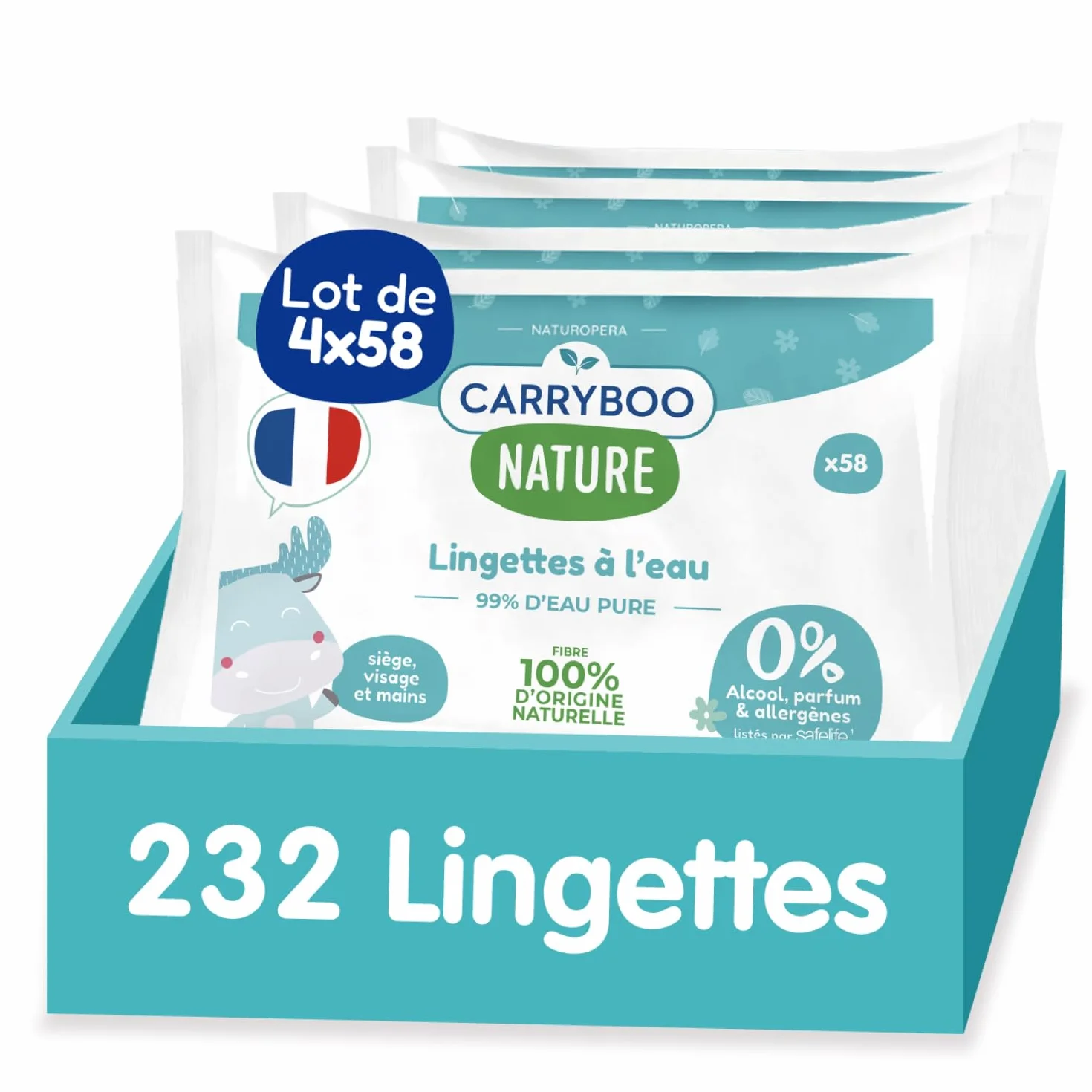 Lingettes à l’Eau pure 4x58 - Lingette Bébé Fibre 100% Naturelle - Serviettes Nettoyantes Sans Allergènes - Soin Bébé Peaux Normales & Fragiles