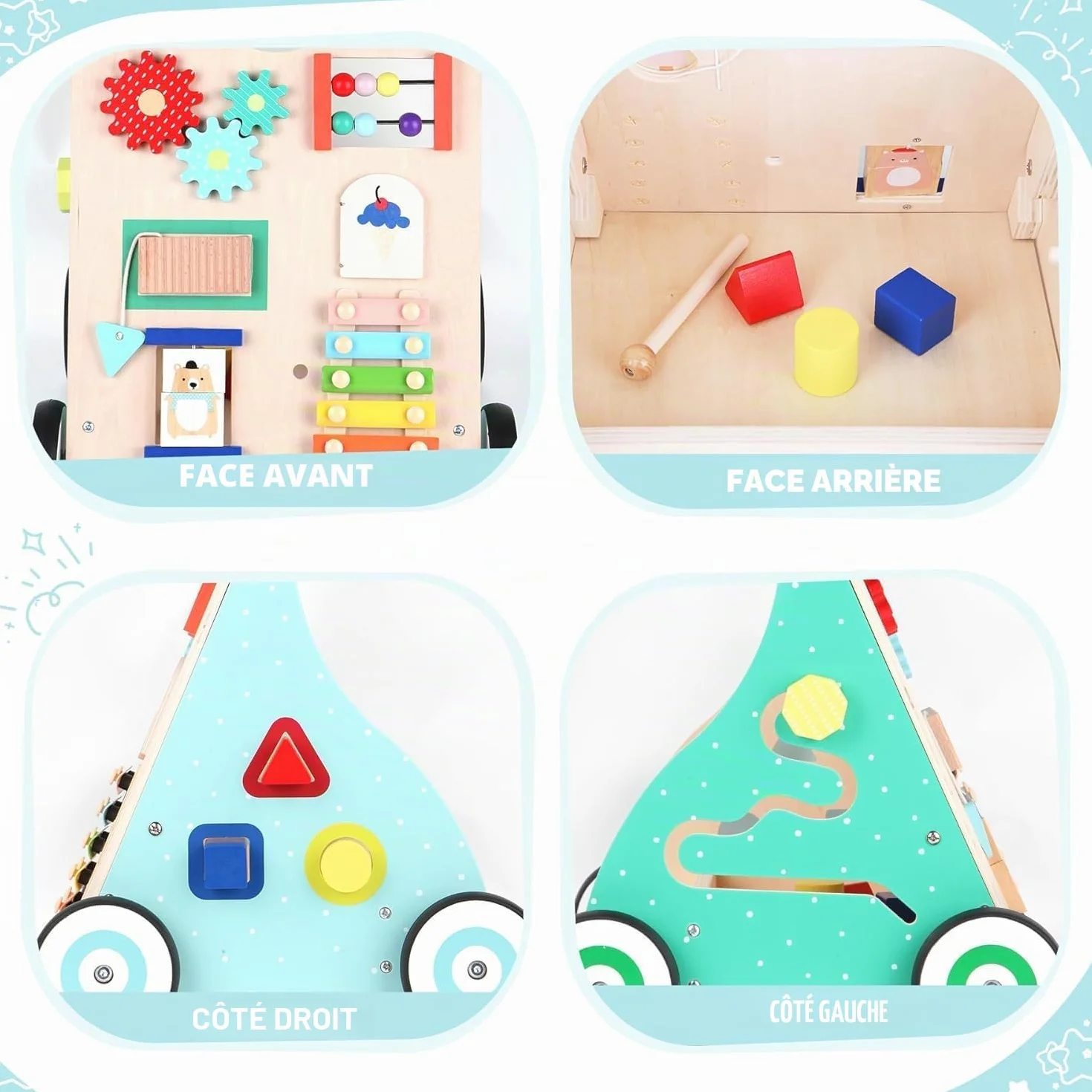 Chariot de Marche en Bois Bébé Trotteur pour Enfant Activité Cadeau Développement Garçons Filles 1-3 ans Multicolore