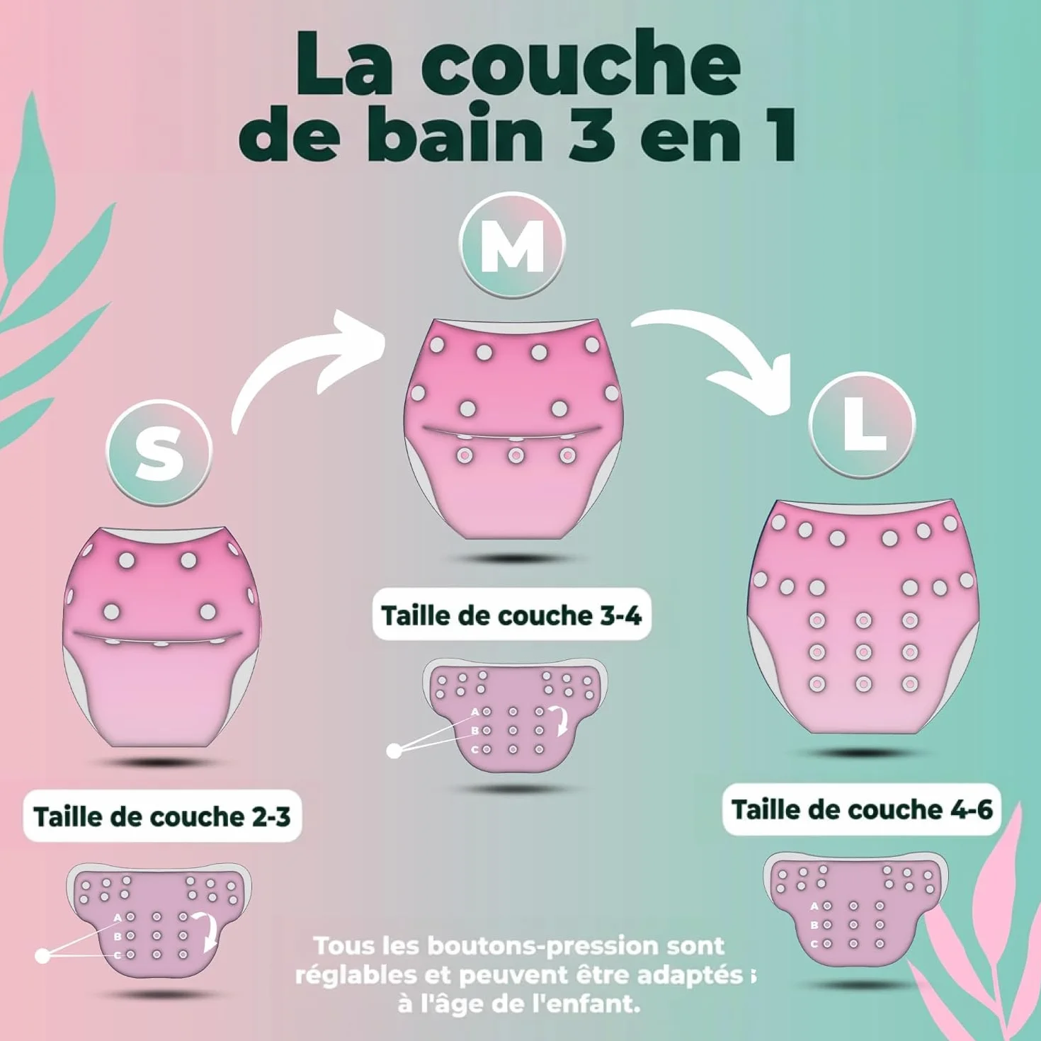 KIDVERSE Couche de Bain Bébé 0-3 Ans Réglable Réutilisable Lavable avec Pochette Fille Garçon