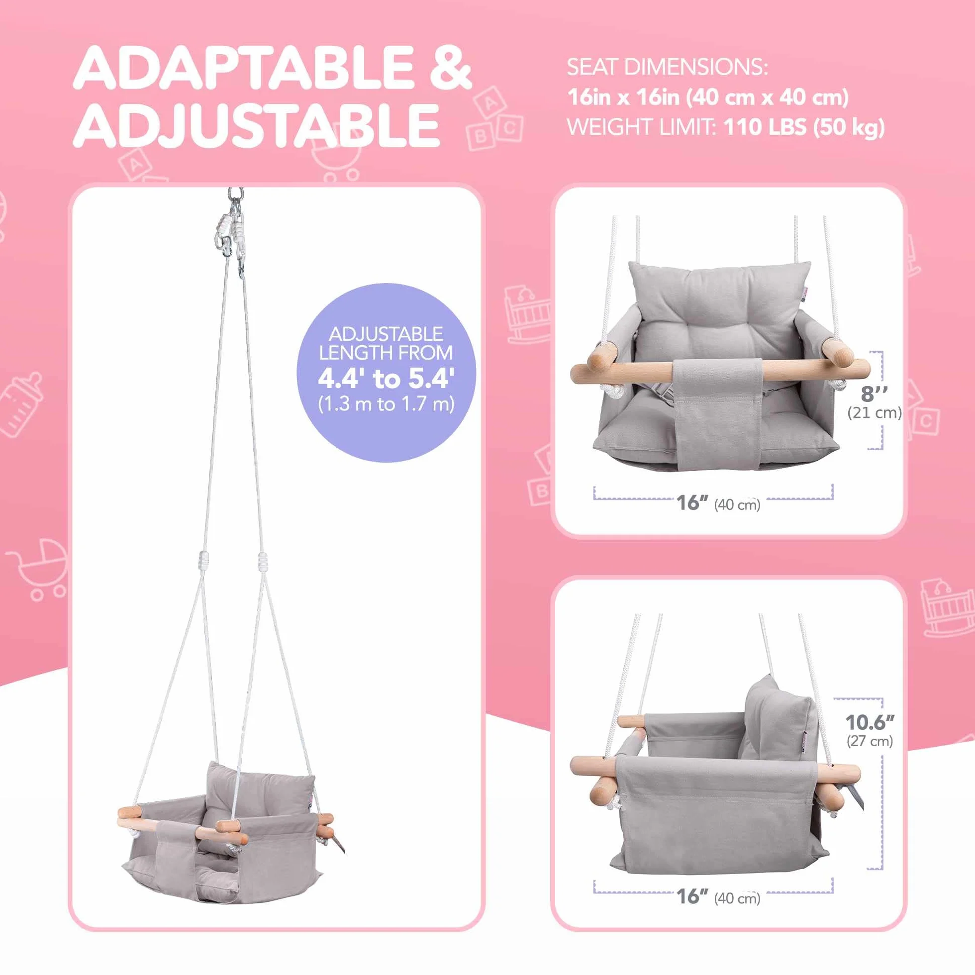 Balançoire pour bébé en Toile Suspendue en Bois avec Ceinture de sécurité Chaise hamac Durable Gris Taupe