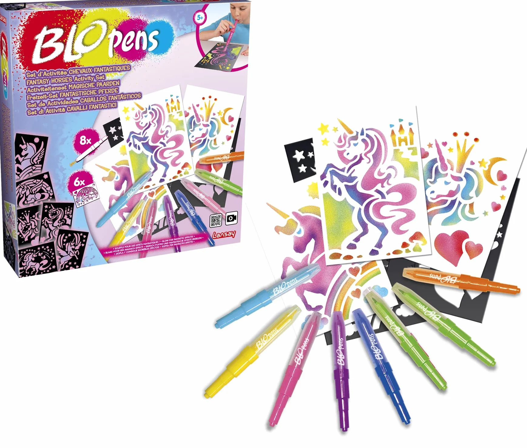 Lansay BLOPENS Set d'Activités Chevaux Fantastiques 8 Feutres de Coloriage À Souffler 6 Pochoirs Réutilisables Feuilles Kit Dessins Licornes Enfants dès 5 Ans