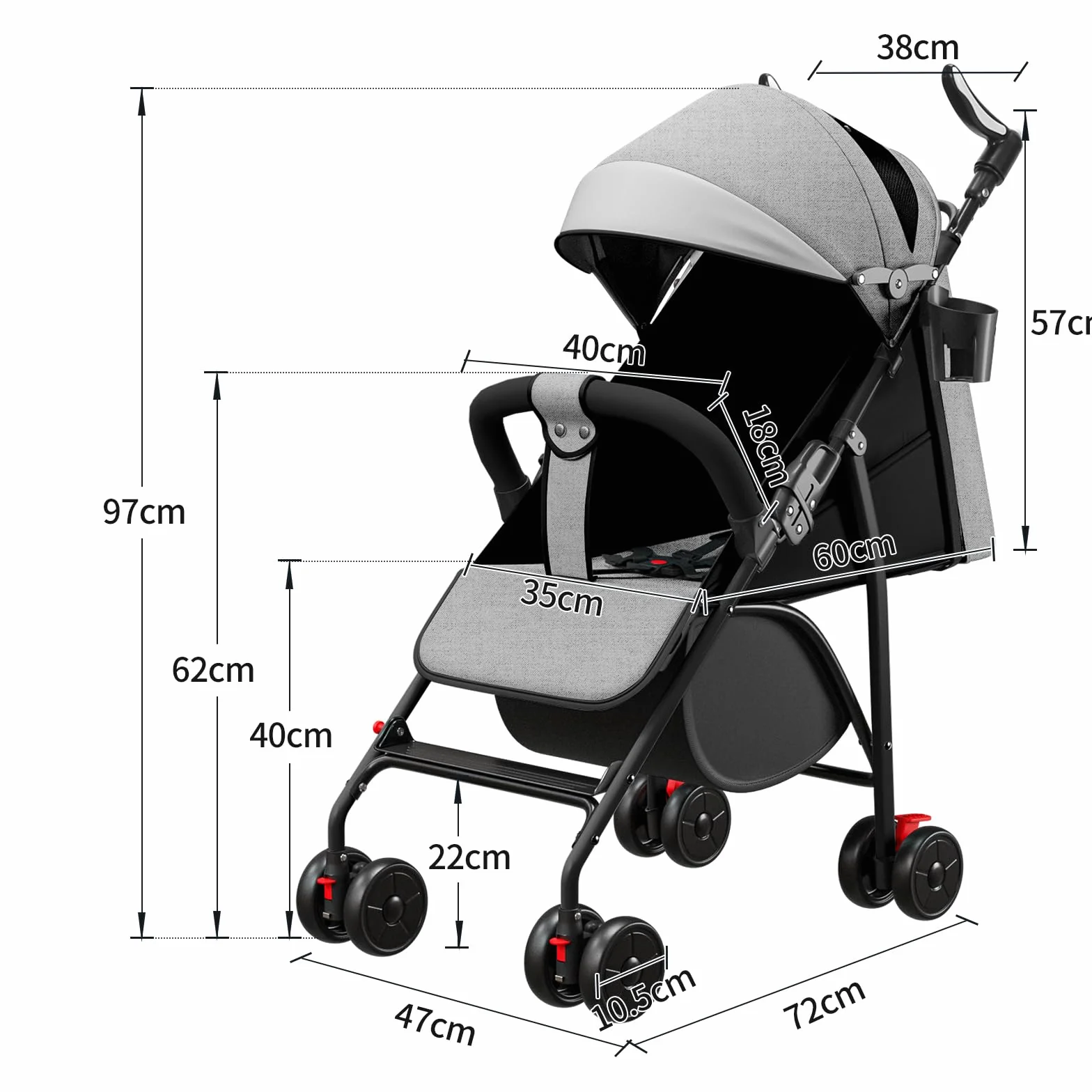 Poussette 4 Roues jusqu'à 25 kg Grande Capote Pliage Compact Dossier Inclinable Guidon Réglable Grandes Roues Tout-A-gris