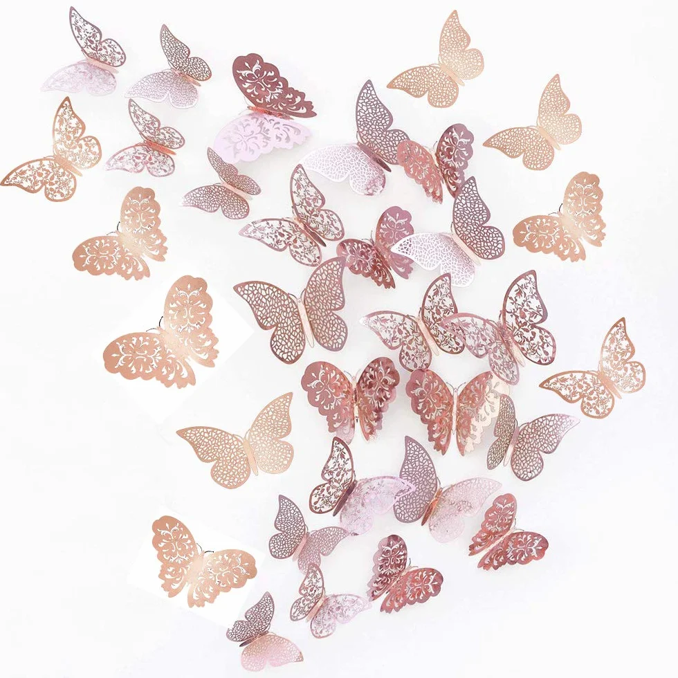 36 Pièces 3D Papillons Décoratifs Autocollants Muraux DIY Art Stickers Chambre Bébé (Rose Rouge)
