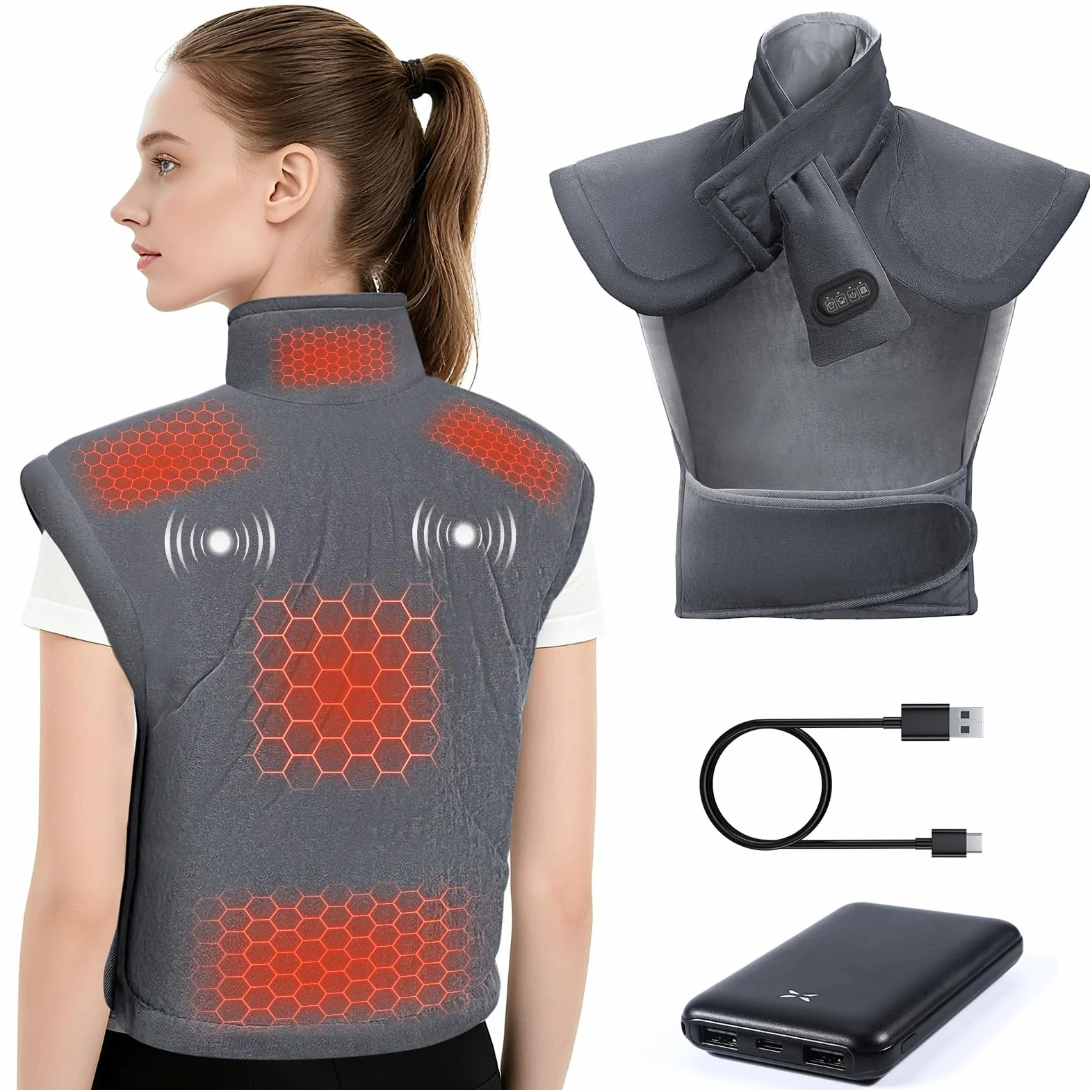 Coussin Chauffant avec Batterie 10000mAh 3 Niveaux Réglage Température 3 Modes de Massage Arrêt Automatique