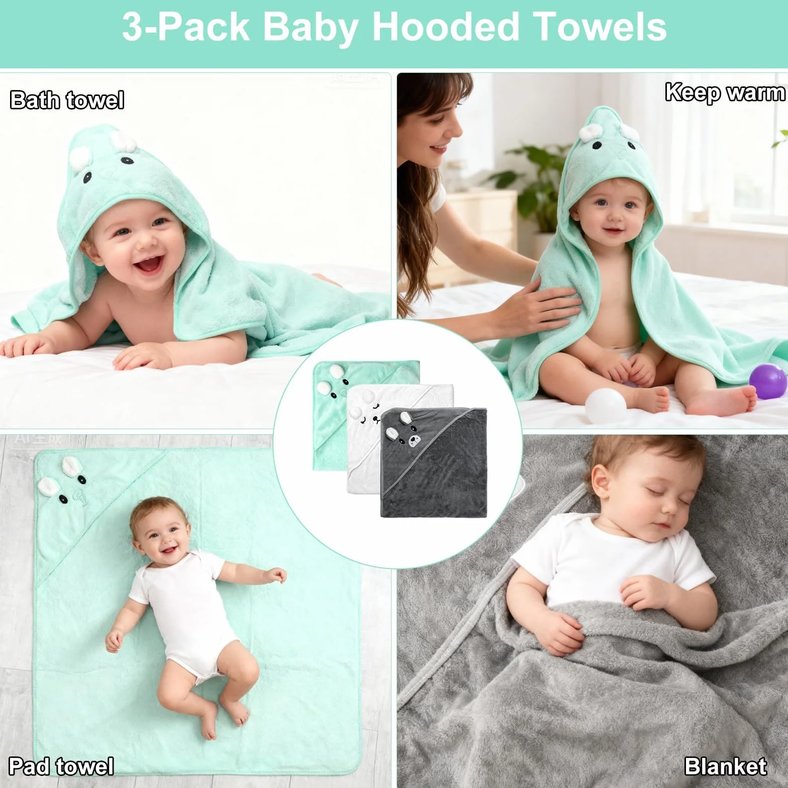 Lot de 3 serviettes à capuche pour bébé 80 x 80 cm serviette de bain