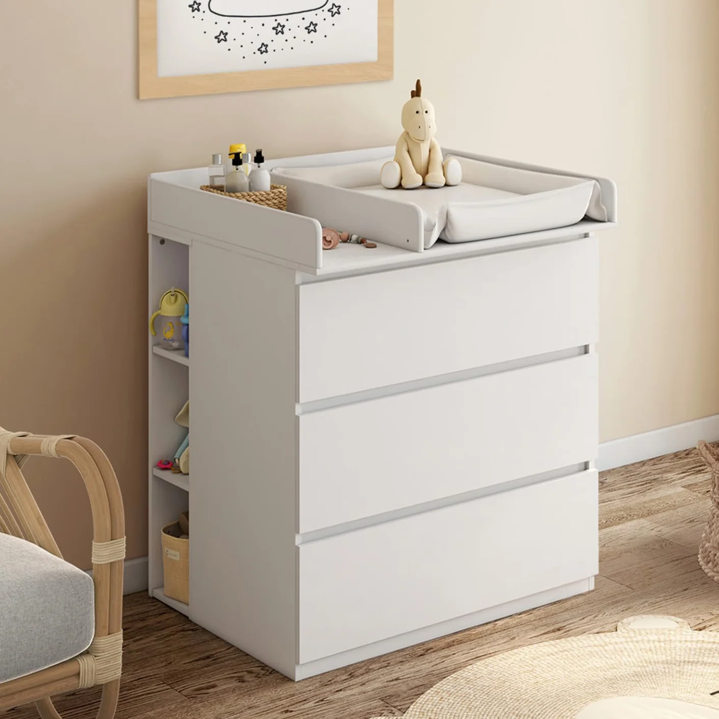 Commode à Langer Ambre Blanc 3 Tiroirs Table à Langer 2 étagères Amovibles