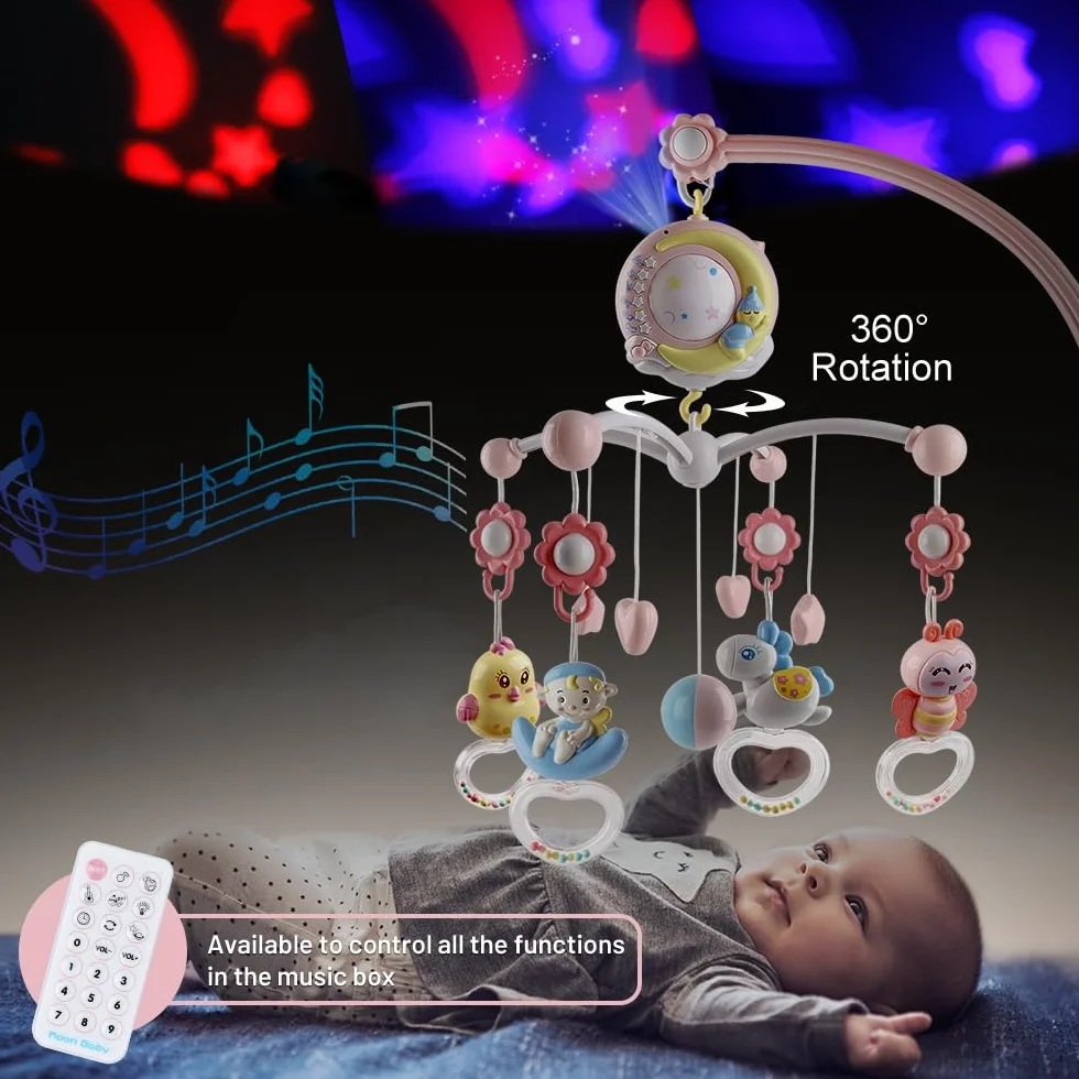Berceau de musique pour bébé avec projecteur et lumières, mobile suspendu tournant, boîte à musique 150 mélodies, rose