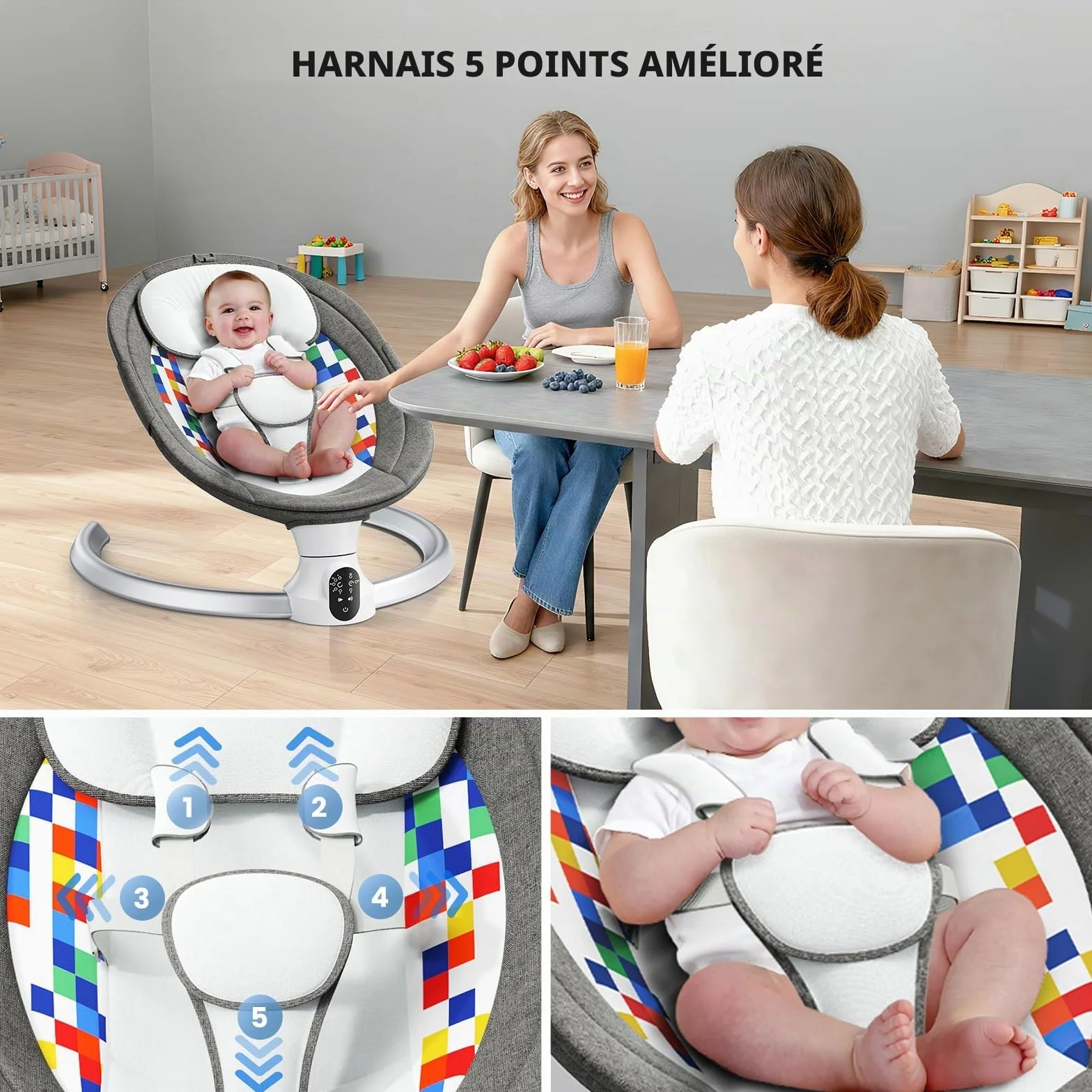 Balancelle Bébé Électrique Transat avec APP et Télécommande, Harnais 5 Points, 3 Minuteries, 5 Vitesses, 10 Mélodies, 0-9 Mois