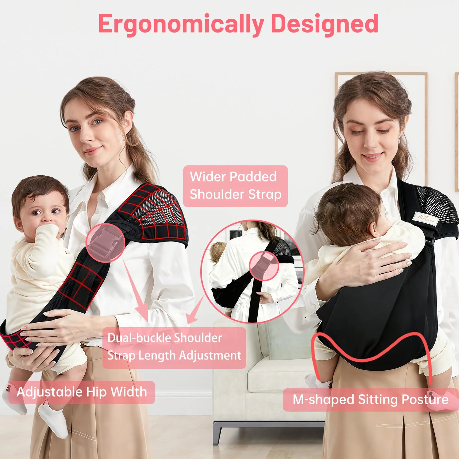 Écharpe de Portage Porte Bébé Coton Naissance 15 kg Respirant 0-36 Mois Noir