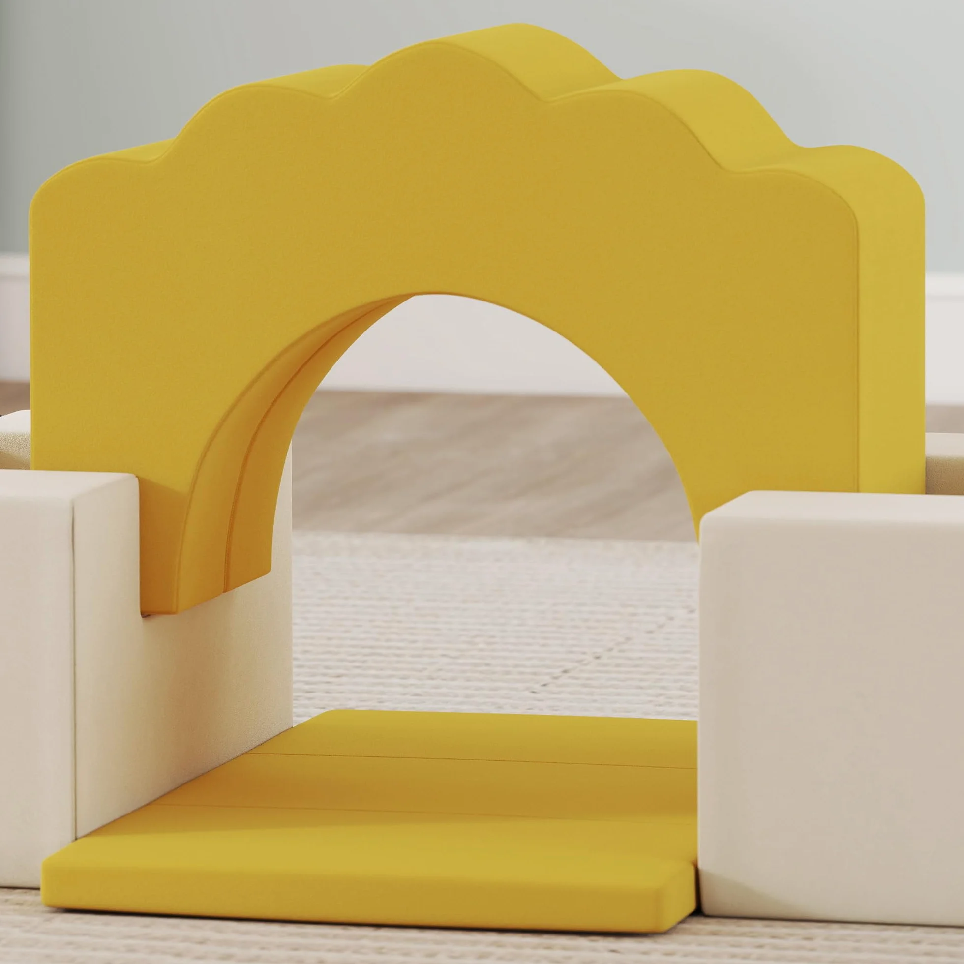 AIYAPLAY Parcours motricité bébé modulable, Blocs Mousse éducatifs 7 pièces, Housse Lavable Velours, Base antidérapante, Jeu intérieur Enfants 6 Mois-3 Ans, Jaune