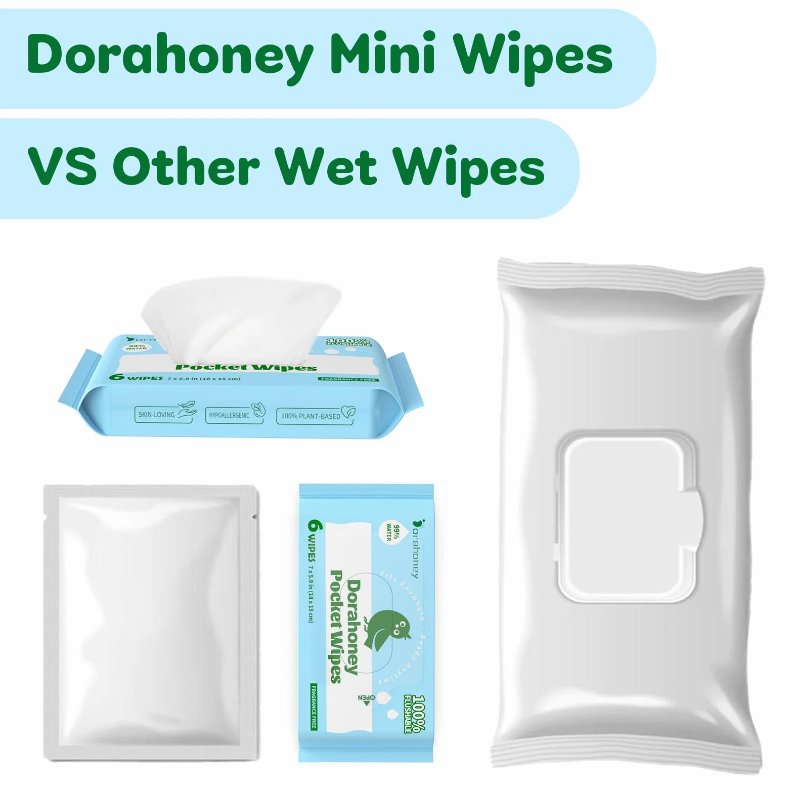 Lingettes Humides Toilette Format Voyage 99% d'Eau Sans Parfum Hypoallergéniques Fibres Végétales Peaux Sensibles Lot de 8 (48 Lingettes)
