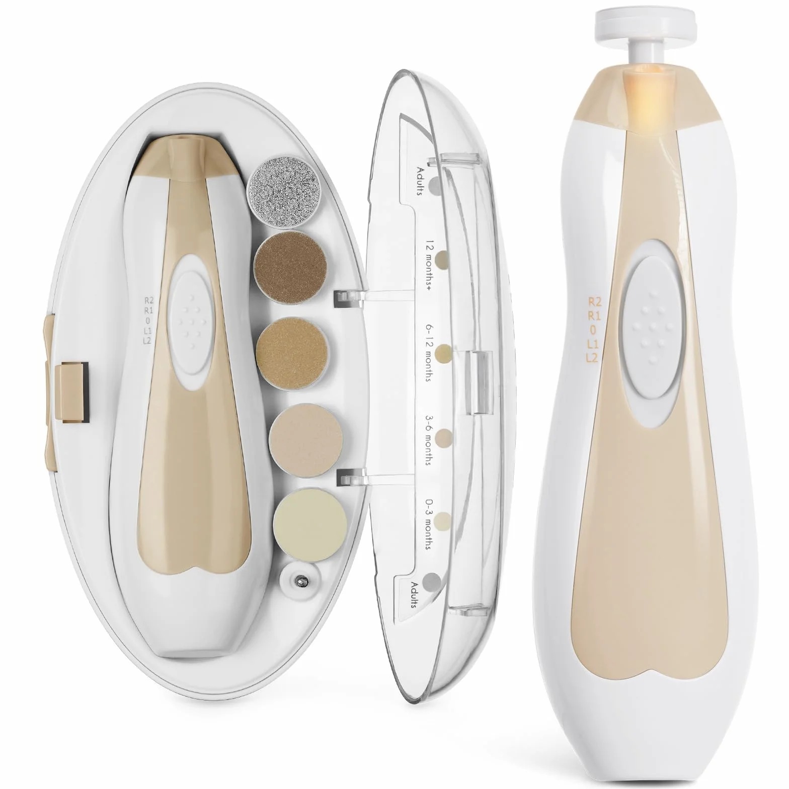 Haakaa Coupe-ongles Électrique pour Bébés, Kit Lime à Ongles avec 6 Têtes et Lumière LED, Kaki